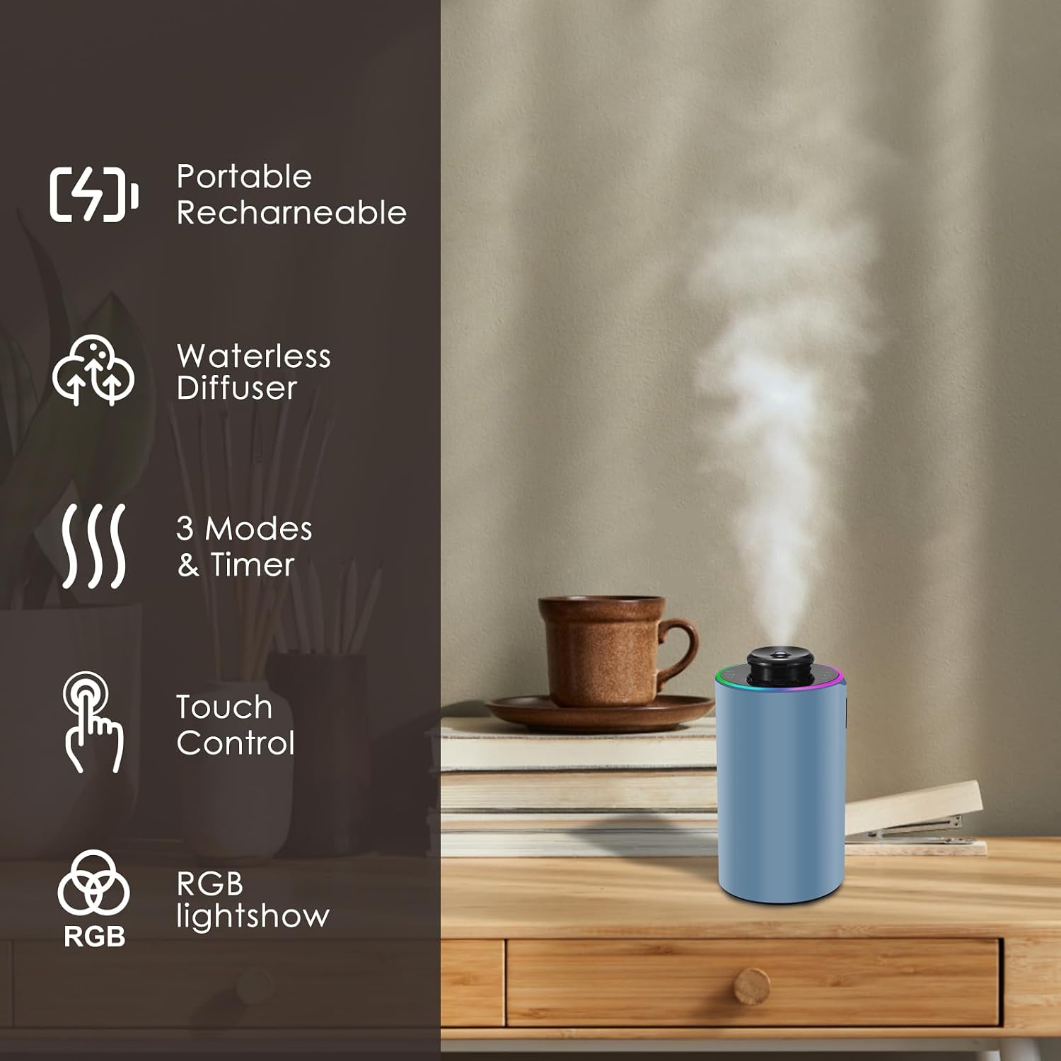 Waterless Essential Oil Diffuser with 8 Color LED Night Light, 3 Mist Levels & Timers, Portable Rechargeable Aromatherapy Diffuser for Home Car Room Studio Office, Metal (Blue)