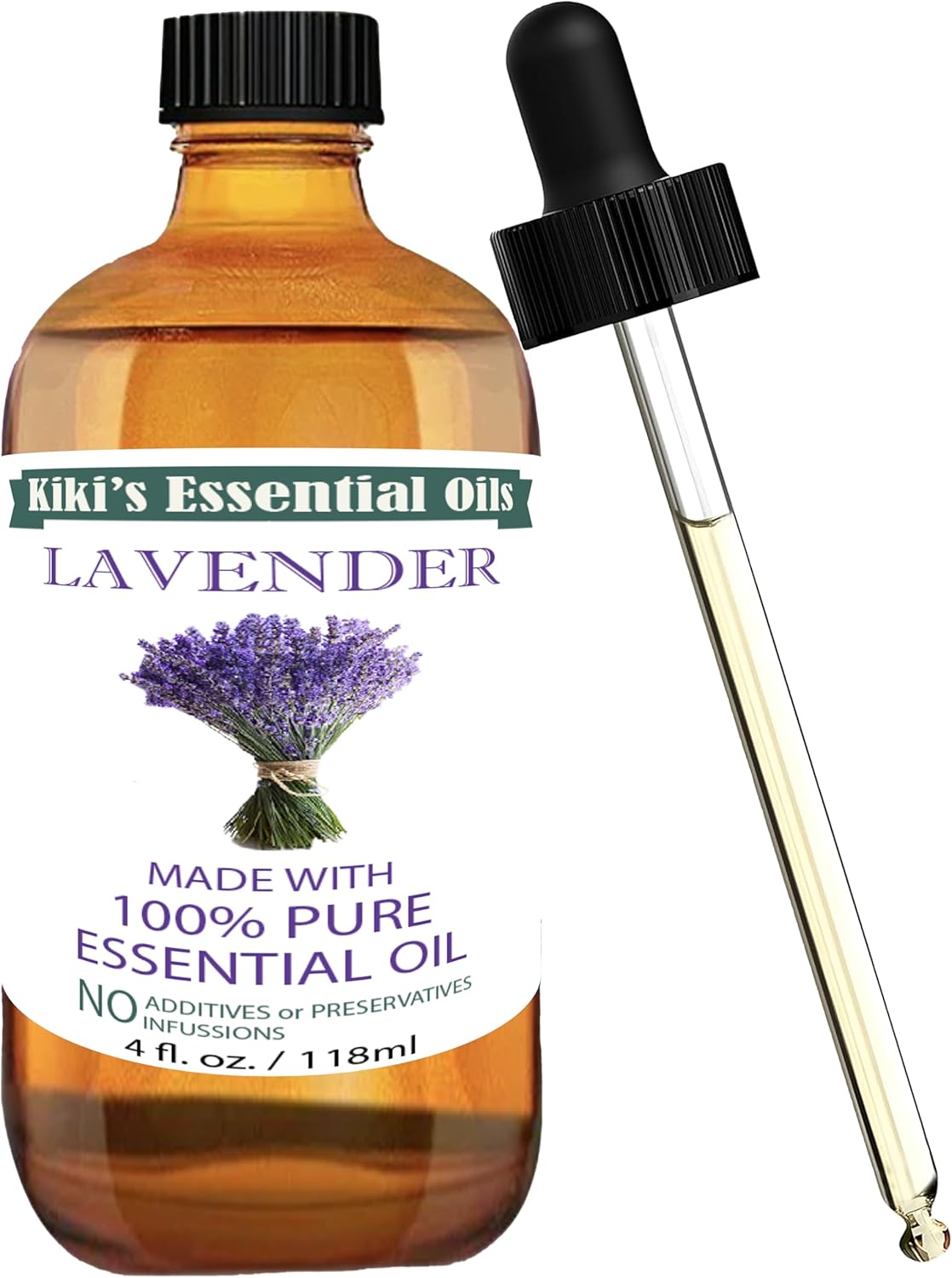 Kiki's Lavender Essential Oil with Glass Dropper | 100% Pure and Natural Lavender Oil | Premium Grade Essential Oils for Diffusers, Skin, Aromatherapy, Massage | 4 Fl Oz