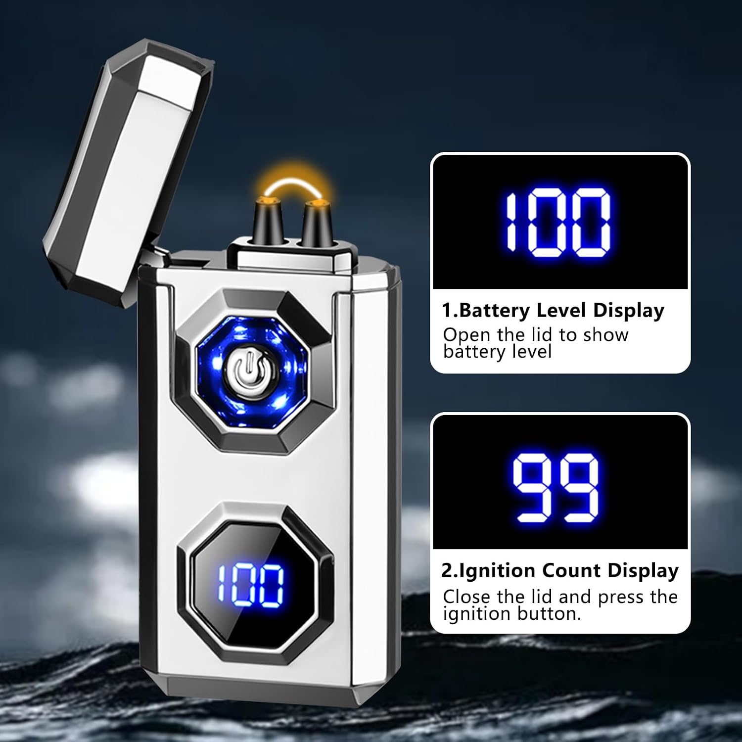 BABOBIU High-Power Arc Lighter - USB Rechargeable Windproof, Zinc Alloy Body with Battery & Ignition Display, Tactical EDC Gear for Home Use, Camping, Candle Lighting (Silver)
