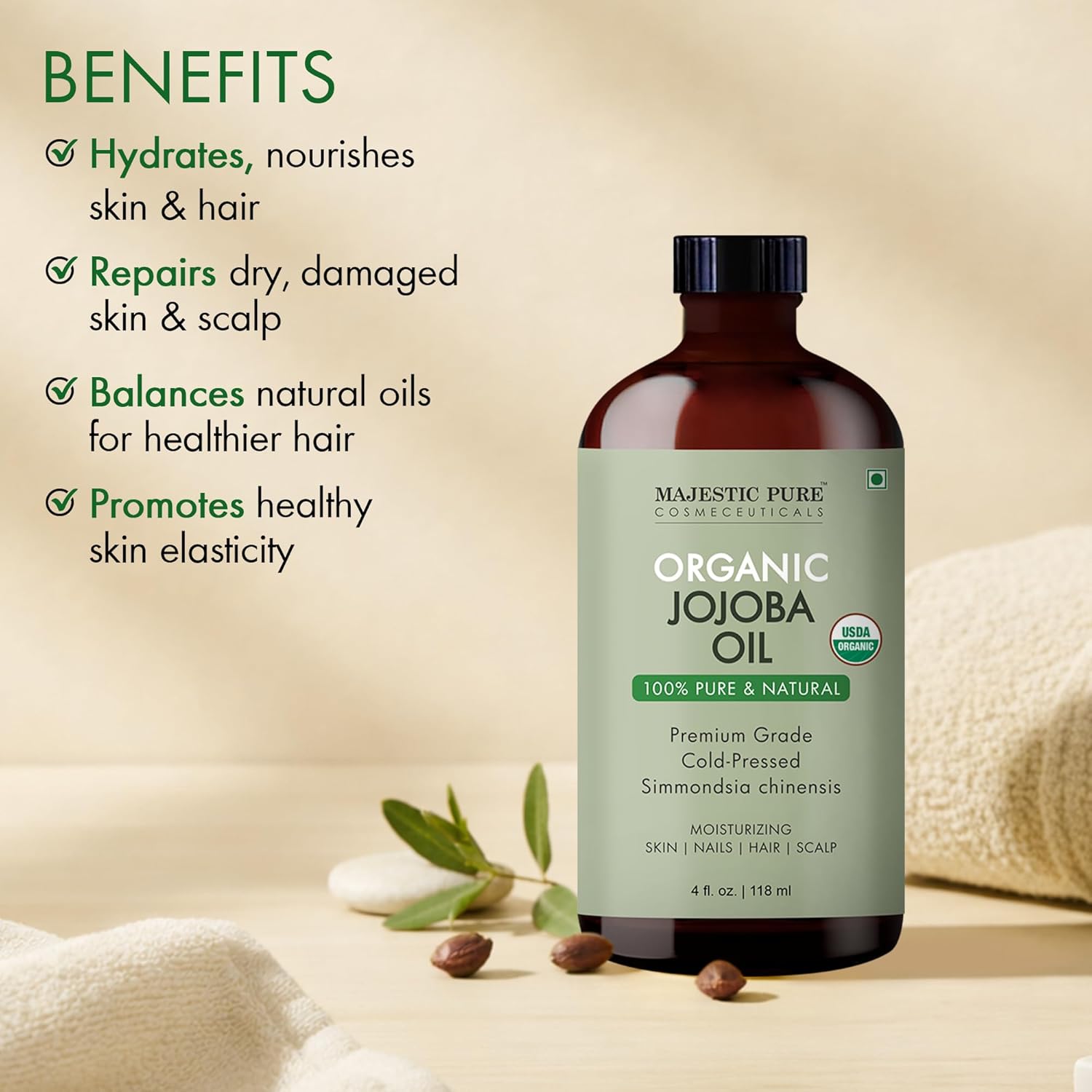 Majestic Pure Organic Jojoba Oil - 100% Pure & Natural - Premium Grade, Cold-Pressed, Hexane-Free Carrier Oil for Skin, Hair and Body - Moisturizing Skin, Hair and Scalp -4 Fl Oz
