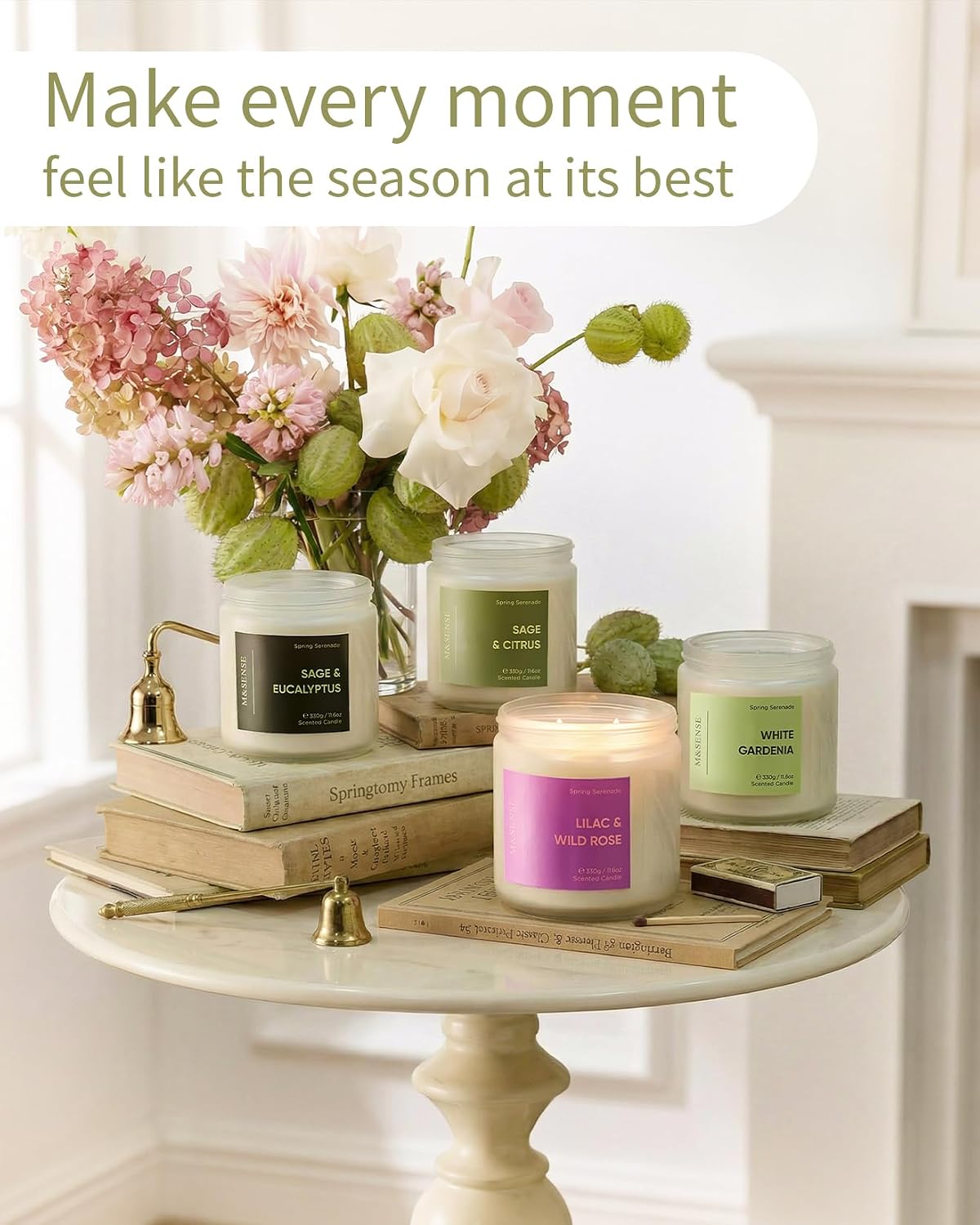 M&SENSE White Gardenia Scented Candle, 11.6oz Natural Soy Wax Non Toxic, 70-Hour Long Lasting Burn Time, 2-Wick Aromatherapy Gifts for Her, Spring Home Refresh & Romance