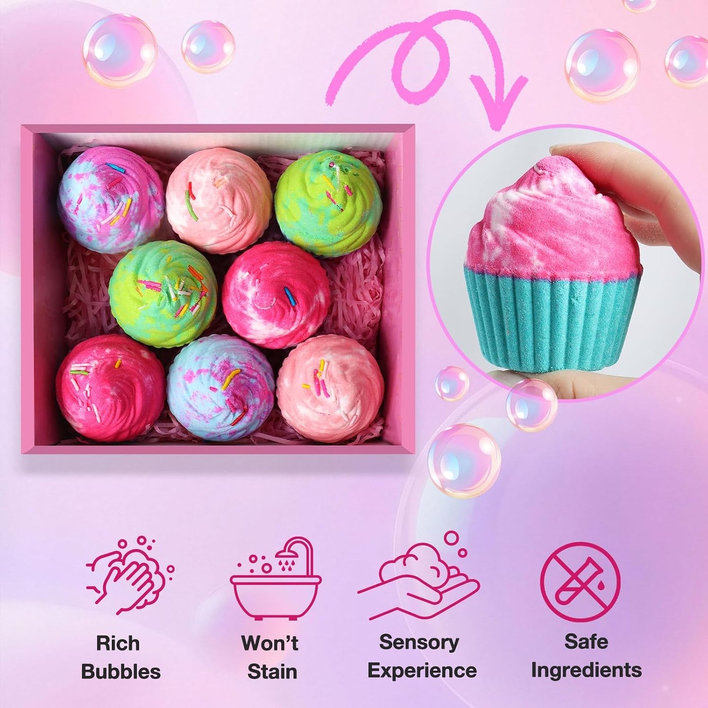Bath Bombs for Kids with Surprise Jewelry Toys Inside, 8 Cupcake Bath Bombs Gifts Set, Girls, Teens, Kids Birthday Christmas Gift, Handmade Fizzy Bubble Spa Bath Ball for Girls Daughter Granddaughter