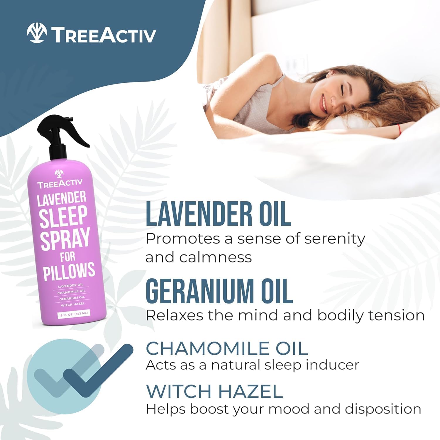 TreeActiv Sleep Spray Calming Lavender Chamomile, Soothing Witch Hazel & Lavender Pillow Spray Air Freshener for Room, Bed, Fabric, Pillows & Linen Mist for Sleeping & Relaxation, 4000+ Sprays, 16 Oz