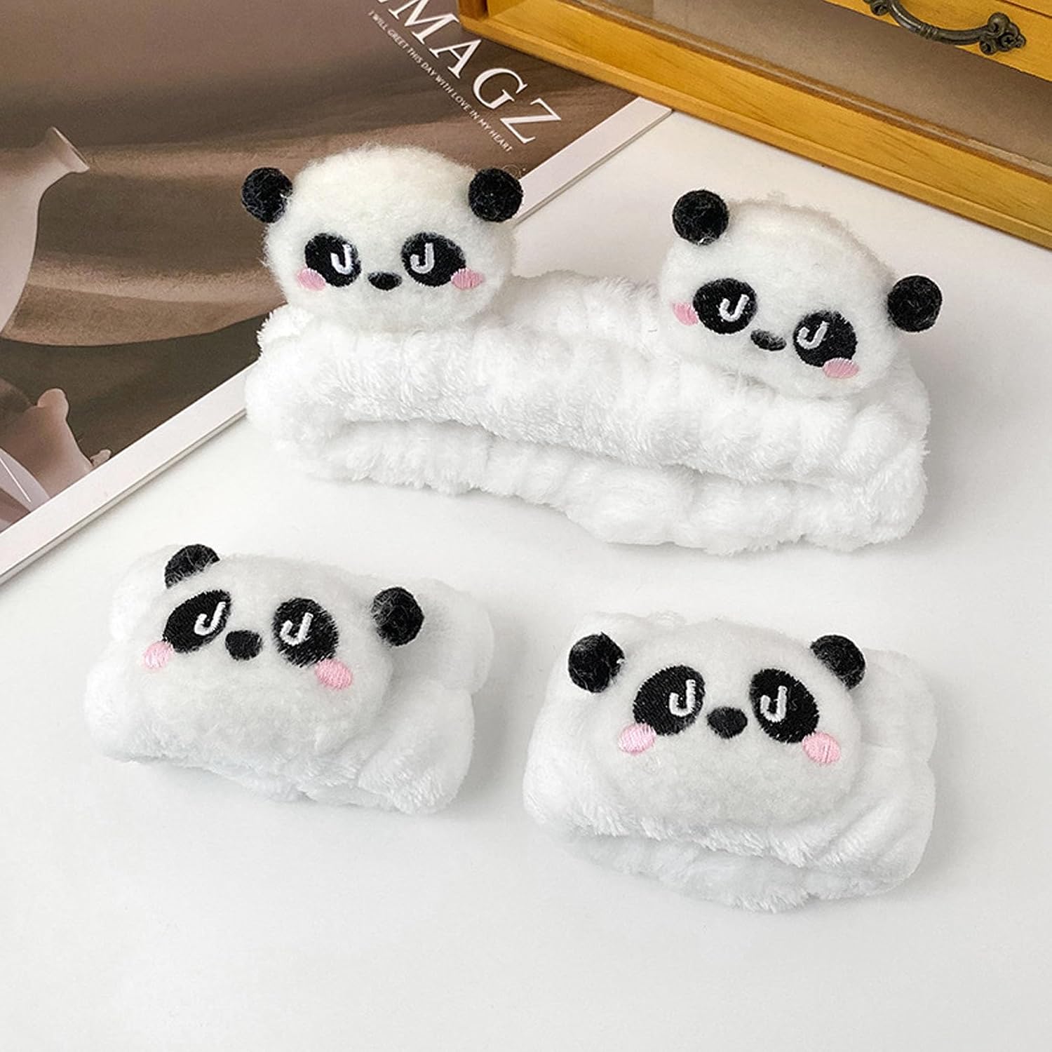 3 Pcs Unisex Adult Panda Headband & Wristbands Set, White, Plush Fabric, Spa & Face Wash Accessory