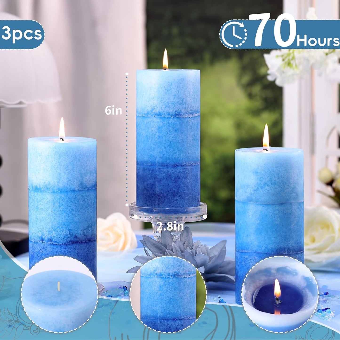 Blue Ocean Scented Pillar Candles, 2.8x6 Inch Non-Toxic Blue Pillar Candle 210H Long Burning Smokeless Fragrance Candle for Home Decor Wedding, 3 Pack
