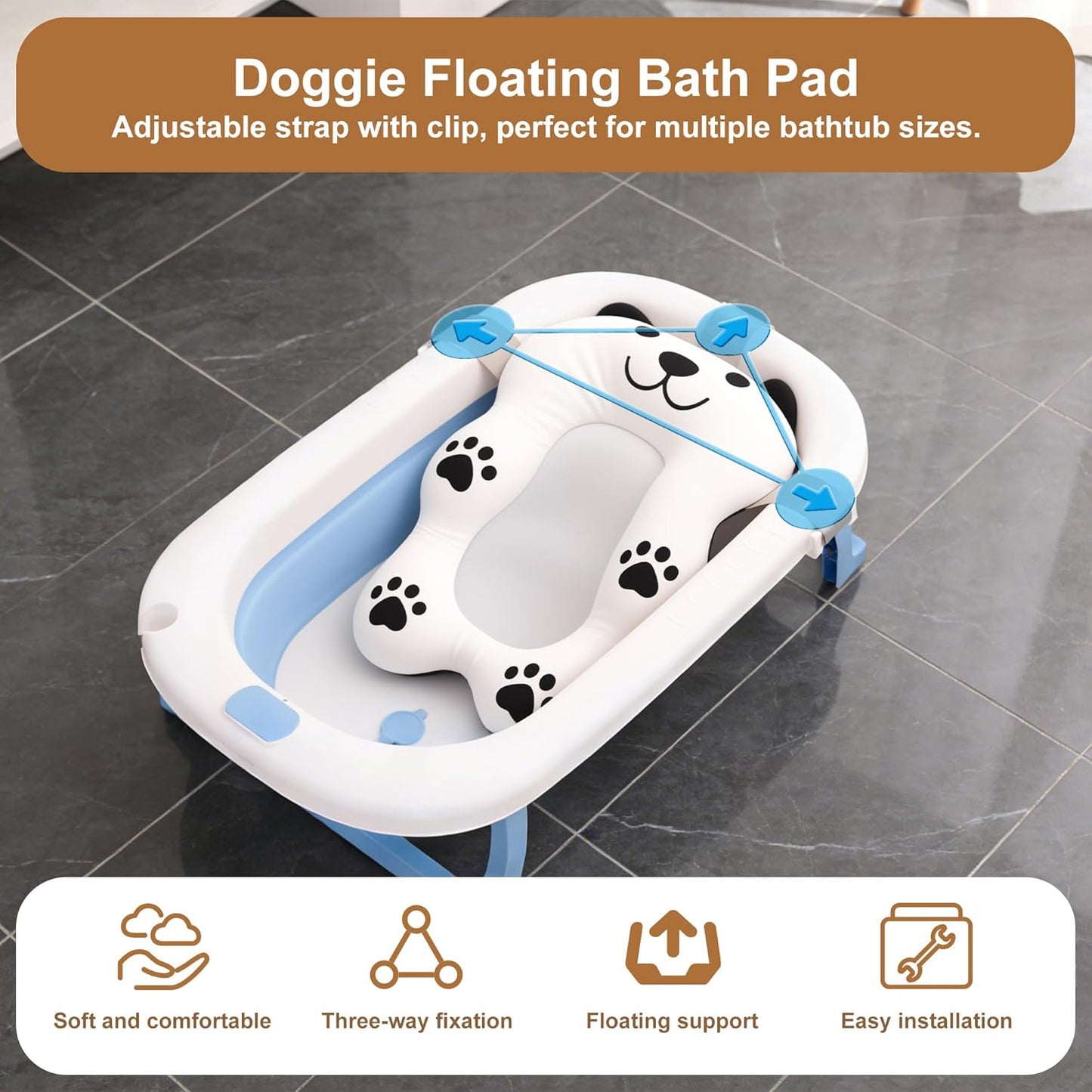 Dog Bathing Comfort mat– Floating Soft Non-Slip Pad with Adjustable Safety Straps for Small & Medium Dogs & Cats, Soothing Bathtub Cushion for Pets