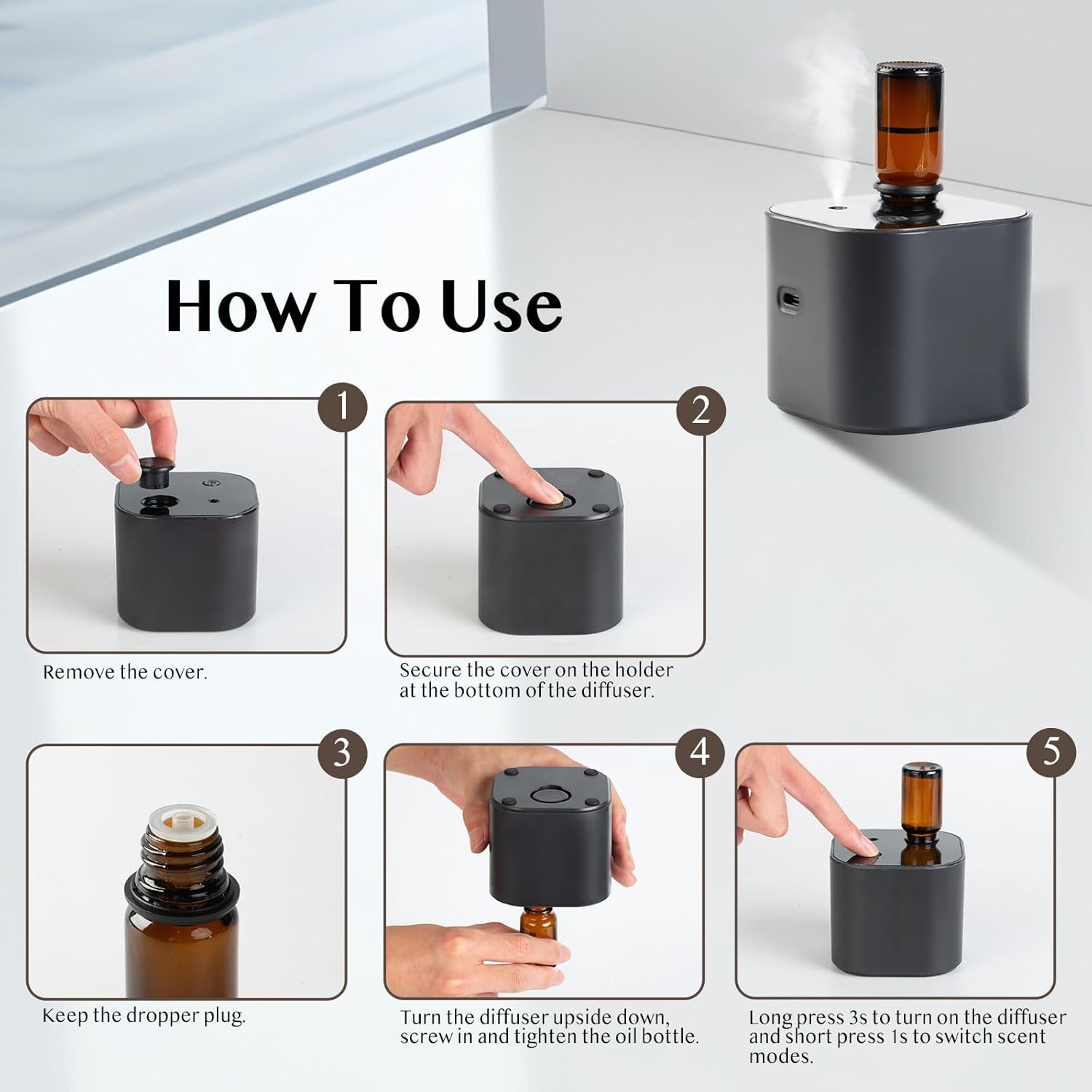 Waterless Essential Oil Diffuser, Portable Aroma Diffuser, Battery Operated, 3 Mist Modes, Aromatherapy Diffuser for Essential Oils, Cordless Scent Air Machine for Home, Office, Small Room, Black