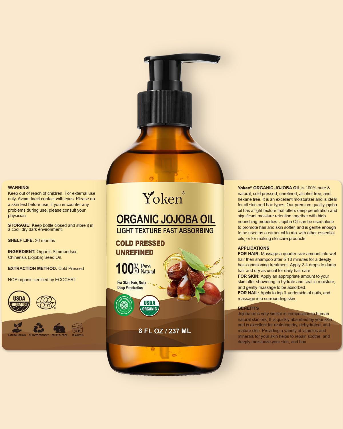 Yoken Organic Jojoba Oil Glass Bottle 8 fl oz, USDA Certified 100% Pure & Natural Jojoba Oil for Hair, Skin & Face, Cold Pressed Unrefined Hexane Free, Deeply Moisturizing Body Serum Oils for Gua Sha