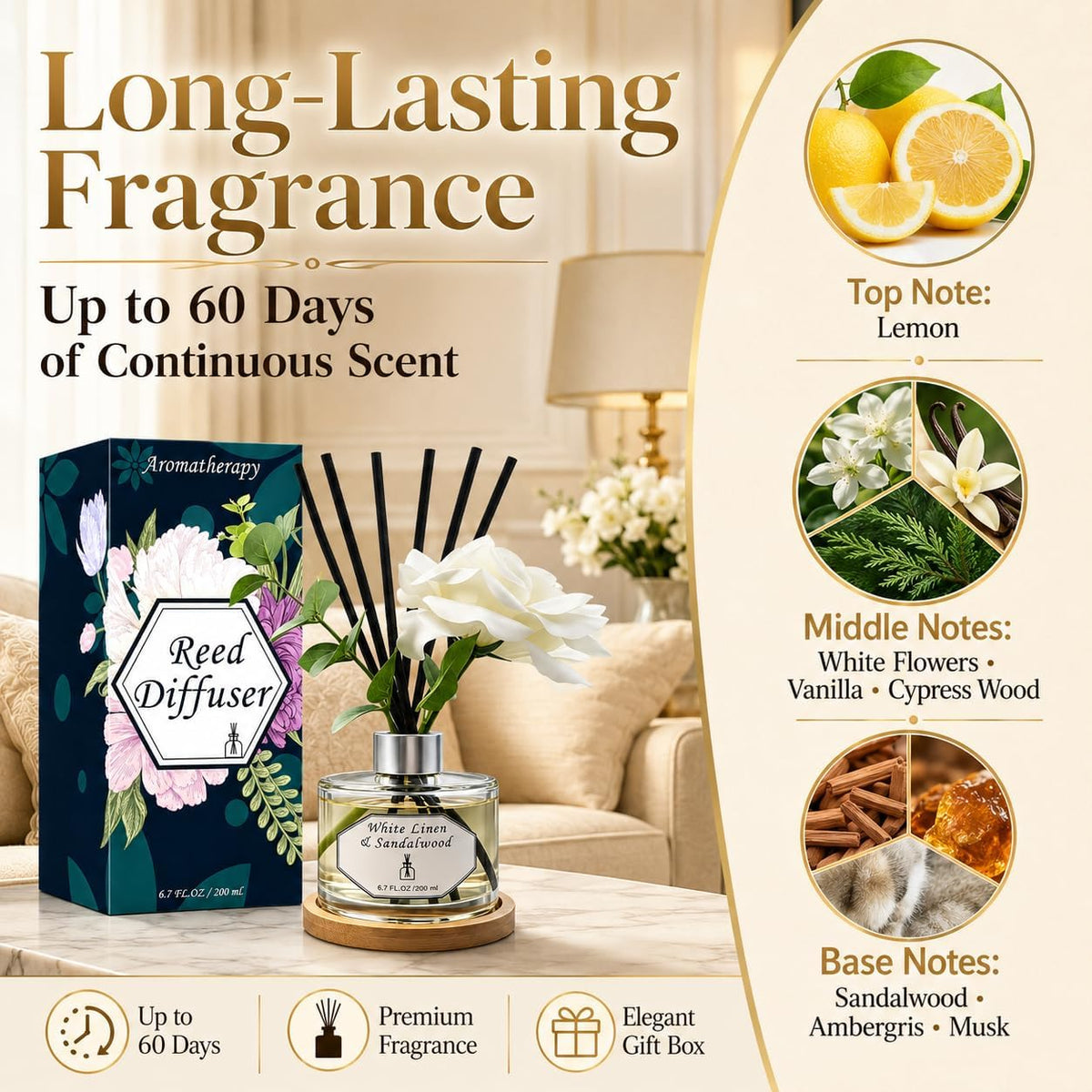 Reed Diffuser Set, White Linen &amp; Sandalwood 6.7 fl oz Oil Scent Diffuser with Sticks, Home Fragrance Diffuser for Bathroom Bedroom Office Shelf Décor