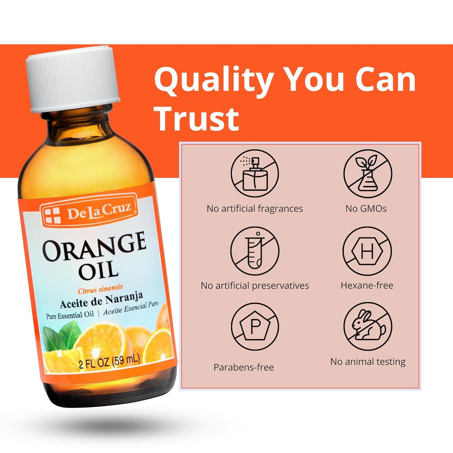 De La Cruz Pure Orange Oil - 100% Pure Cold Pressed Orange Essential Oil for Diffuser - 2 Fl OZ (1 Bottle)