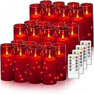 Nimiko Flickering Flameless LED Candles,Battery Operated Candles 24 Pcs with Embedded Star String,Acrylic LED Pillar Candles with Remote,Suitable for Home Decoration to Create an Atmosphere (Red)