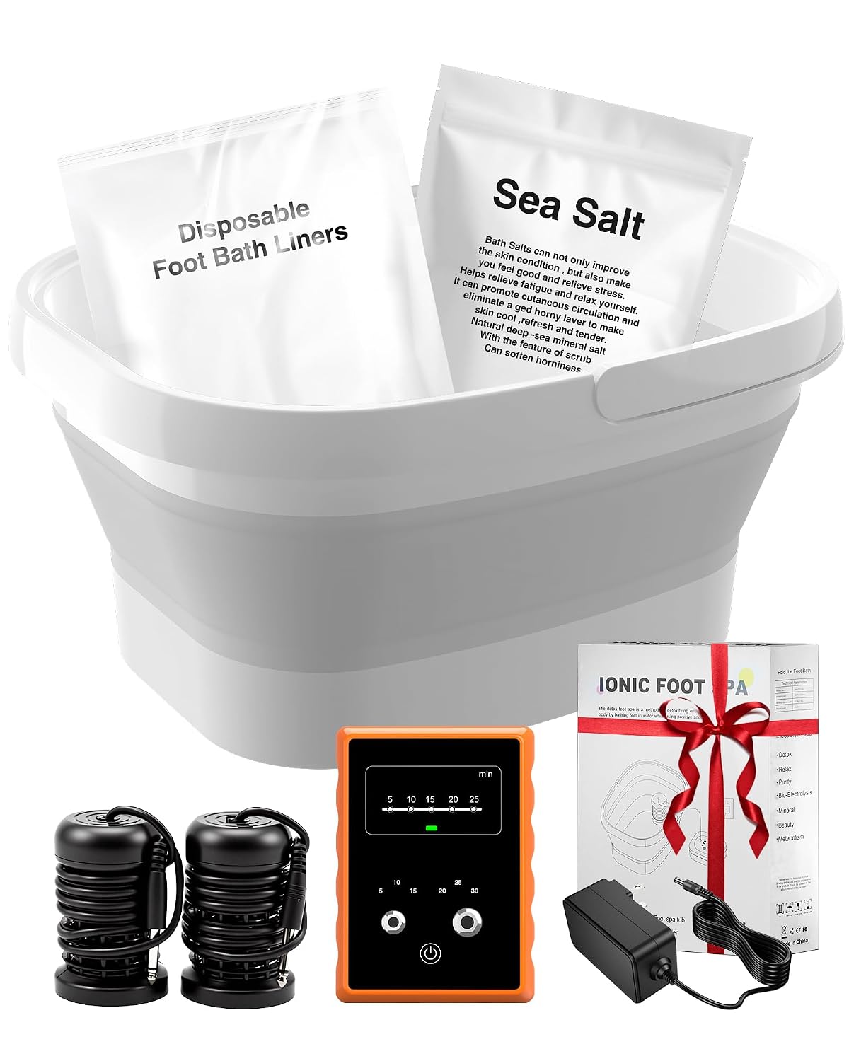 Ionic Foot Bath Detox Machine, Foot Detox Soak Tub with 2 Arrays, 80 Disposable Foot Spa Liners, Sea Salt, Folding Foot Spa Bucket, Home Salon-Level Foot Soaking Tub