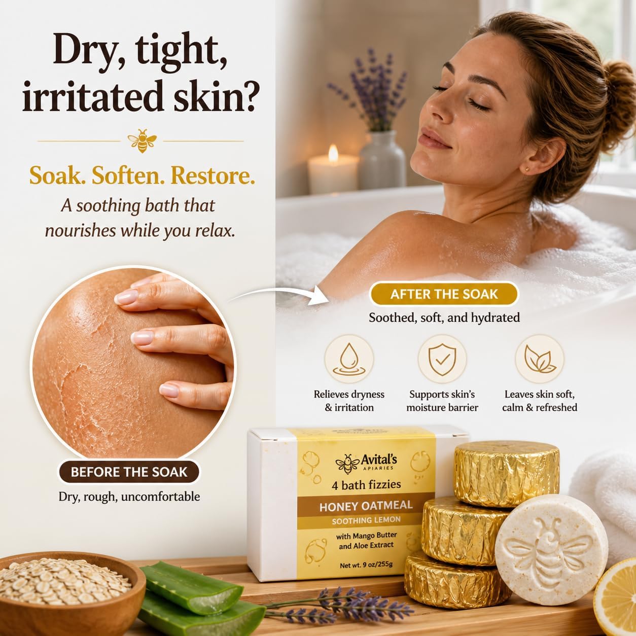 Colloidal Oatmeal Bath Bombs for Dry & Sensitive Skin – Honey Oatmeal Bath Fizzies with Mango Butter & Aloe – Soothing Natural Bath Bomb Set – Lavender and Lemongrass Handmade Bath Bombs (4 Pack)