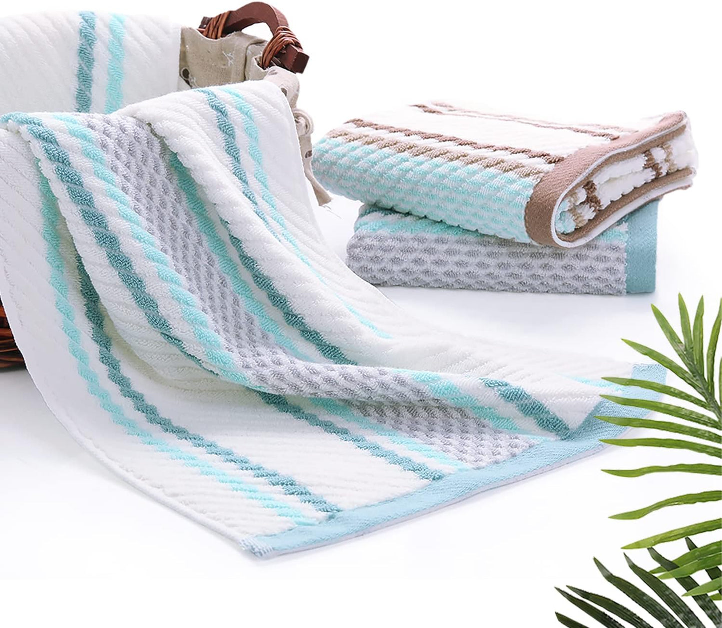 Pidada Hand Towels Set of 2 Striped Pattern 100% Cotton Soft Absorbent Decorative Towel for Bathroom (Green)