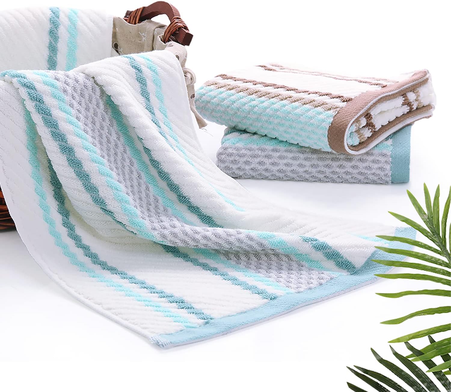 Pidada Hand Towels Set of 2 Striped Pattern 100% Cotton Soft Absorbent Decorative Towel for Bathroom (Green)
