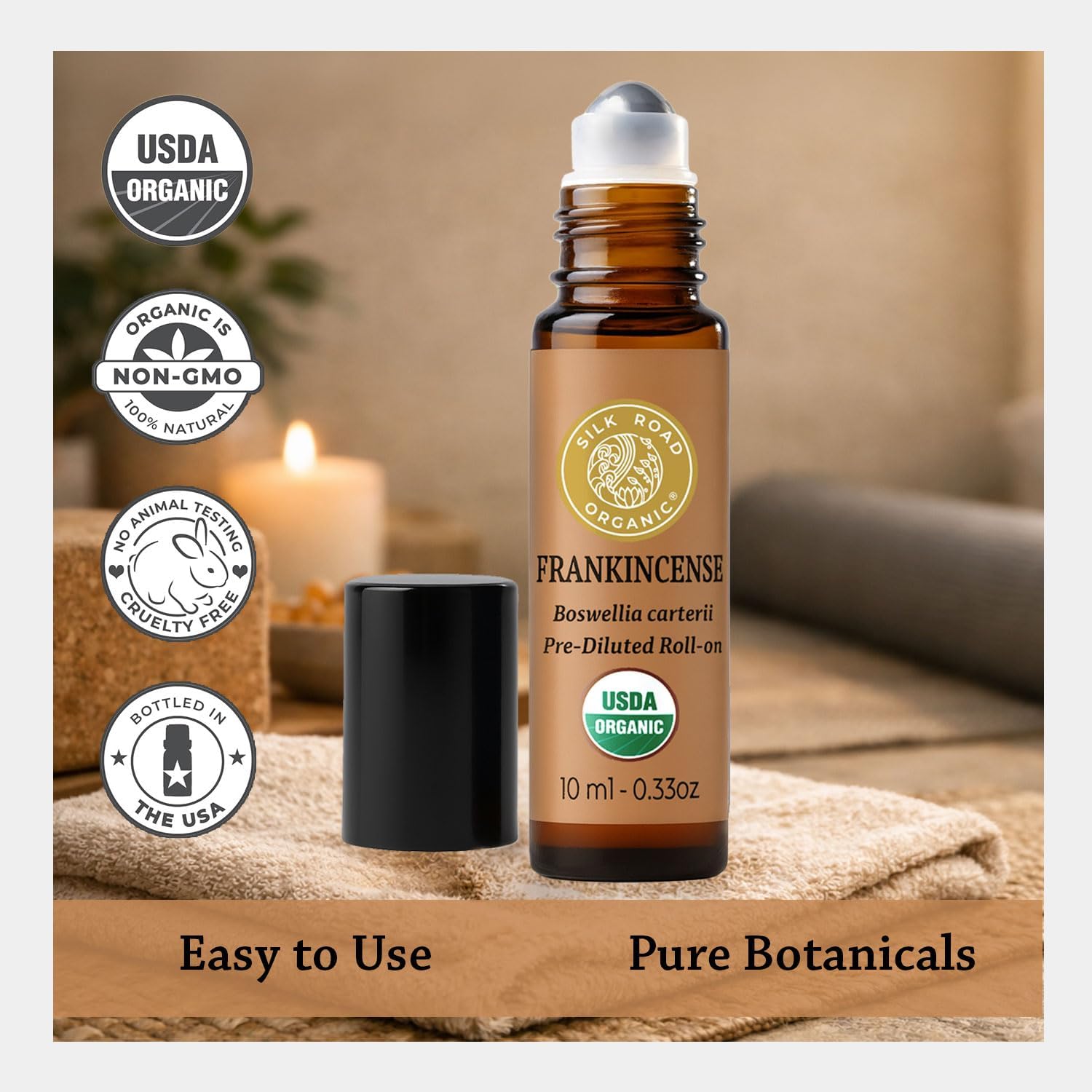 Silk Road Organic Frankincense Carterii Essential Oil Roll On, 100% Pure USDA Certified Aromatherapy for Radiant Skin, Body Aches, Stress Relief, & Calm - 10 ml Roller