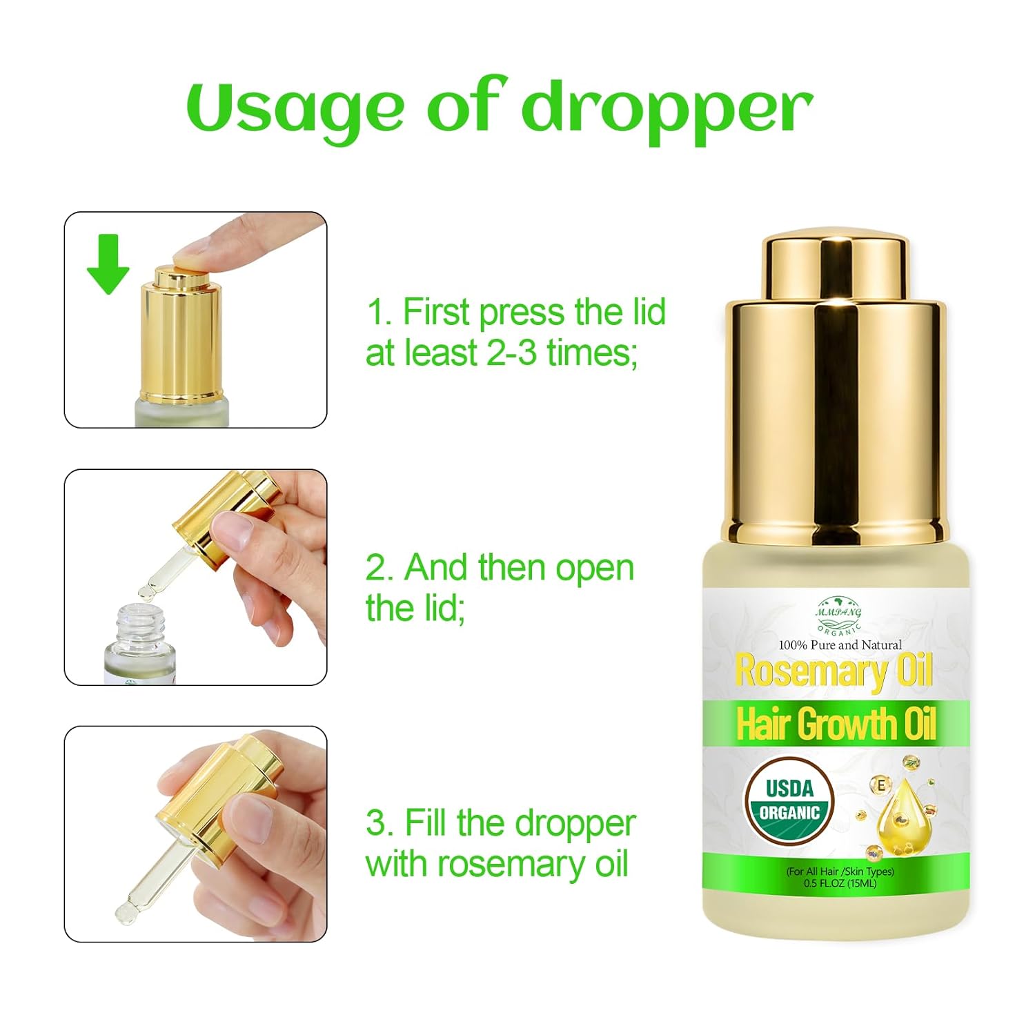 Rosemary Oil for Hair Growth with Castor, USDA Certified Organic Rose Mary Oils Cold Pressed Blend Oil for Thicker Eyebrow, Repair Damaged Hair-0.5 FL OZ