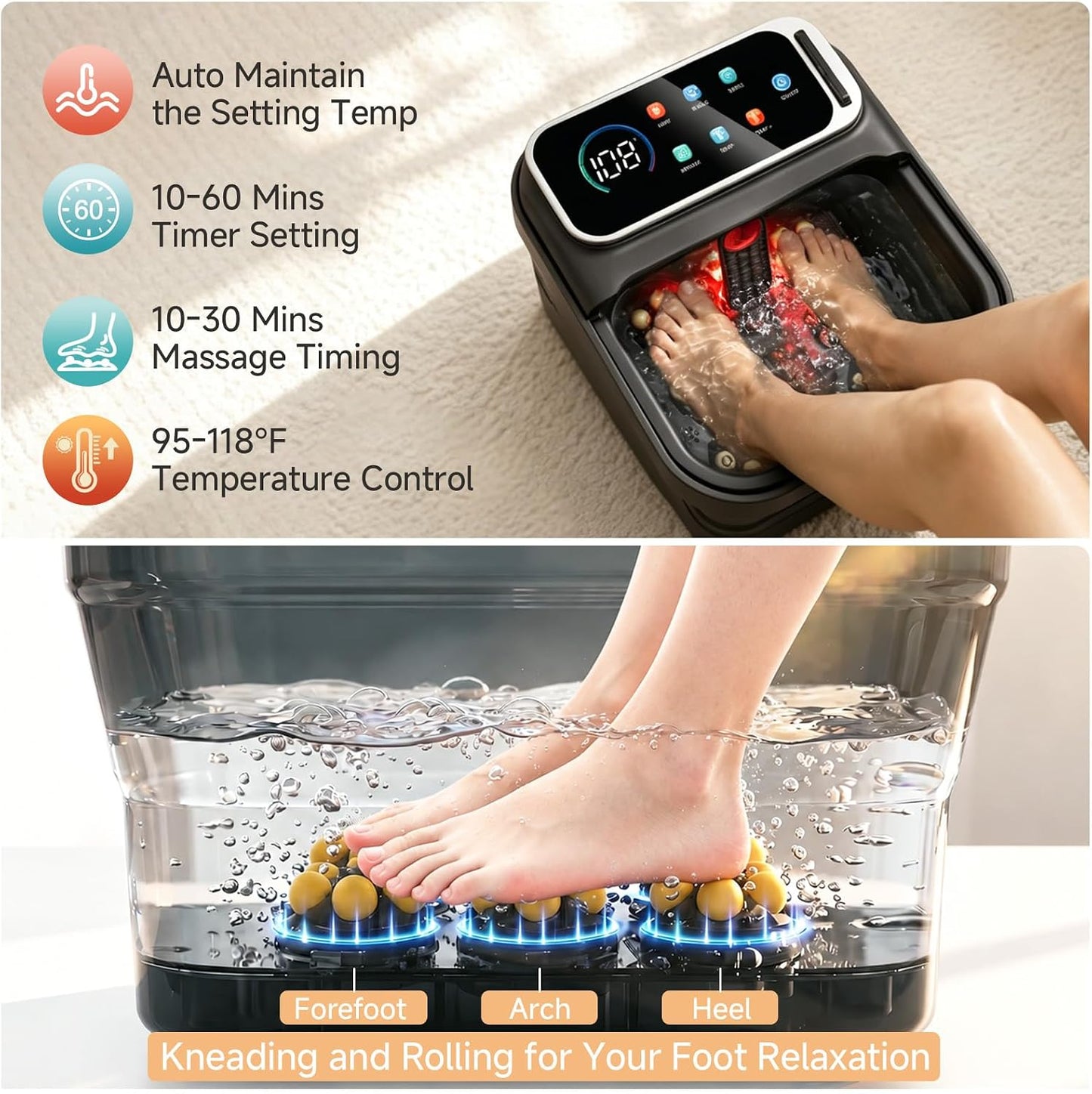 AAOBOSI Collapsible Foot Bath with Heat, Foot Massager Spa Soaking Tub with Bubble, Remote Control, Temp Control, and 30 Motorized Shiatsu Massage Balls, Pedicure Spa at Home for Stress Relief (Grey)
