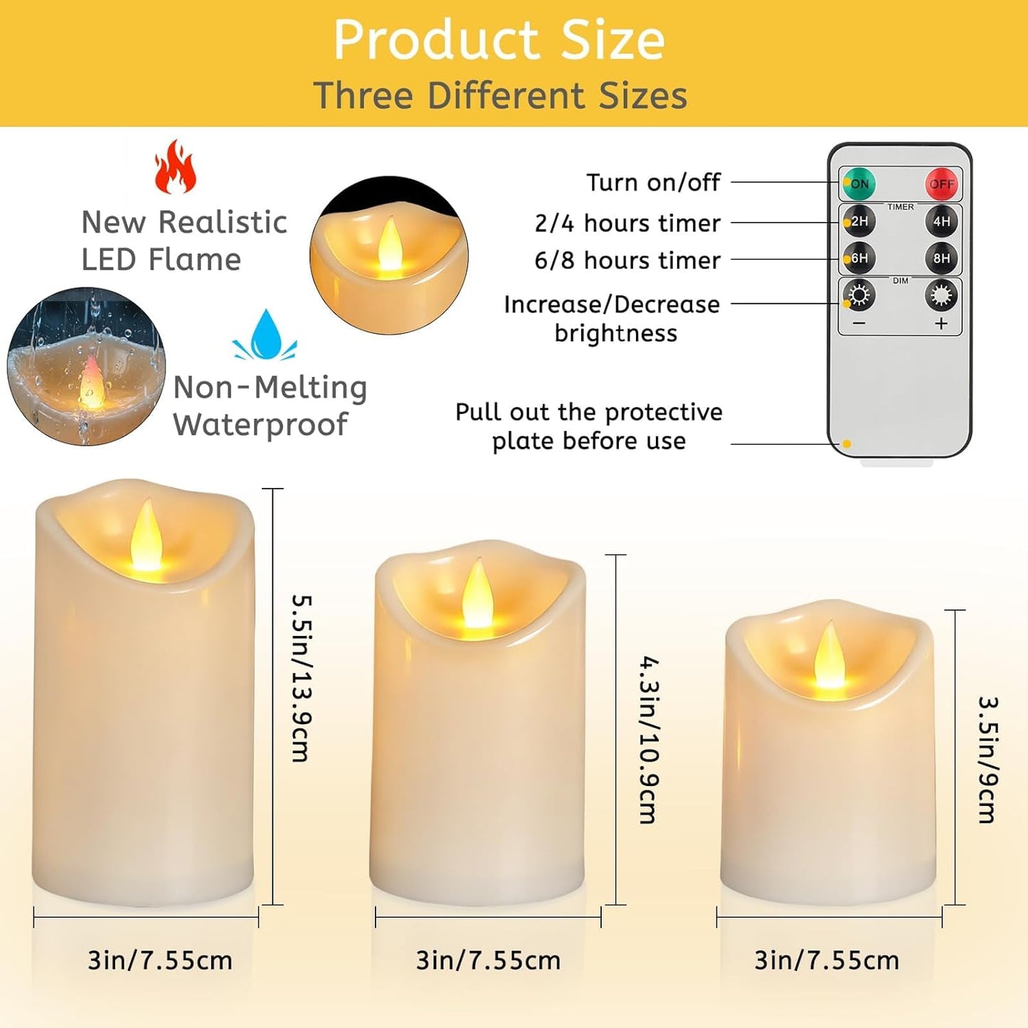 Flameless Candles 4" 5" 6" Set of 3 Outdoor Indoor Ivory Pillars Battery Operated Flickering Candles Include 8-Key Remote Timer Function, Fake Plastic Candles for Wedding, Aniversary, Christmas Decor