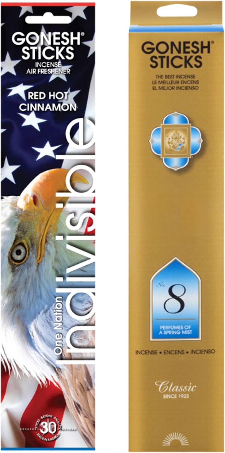 Gonesh Patriotic Collection - Incense Sticks Variety Pack - Non-Toxic 10” Slow Burn Aromatic Sticks - Indivisible Red Hot Cinnamon, Gonesh No. 8-30 Sticks Each