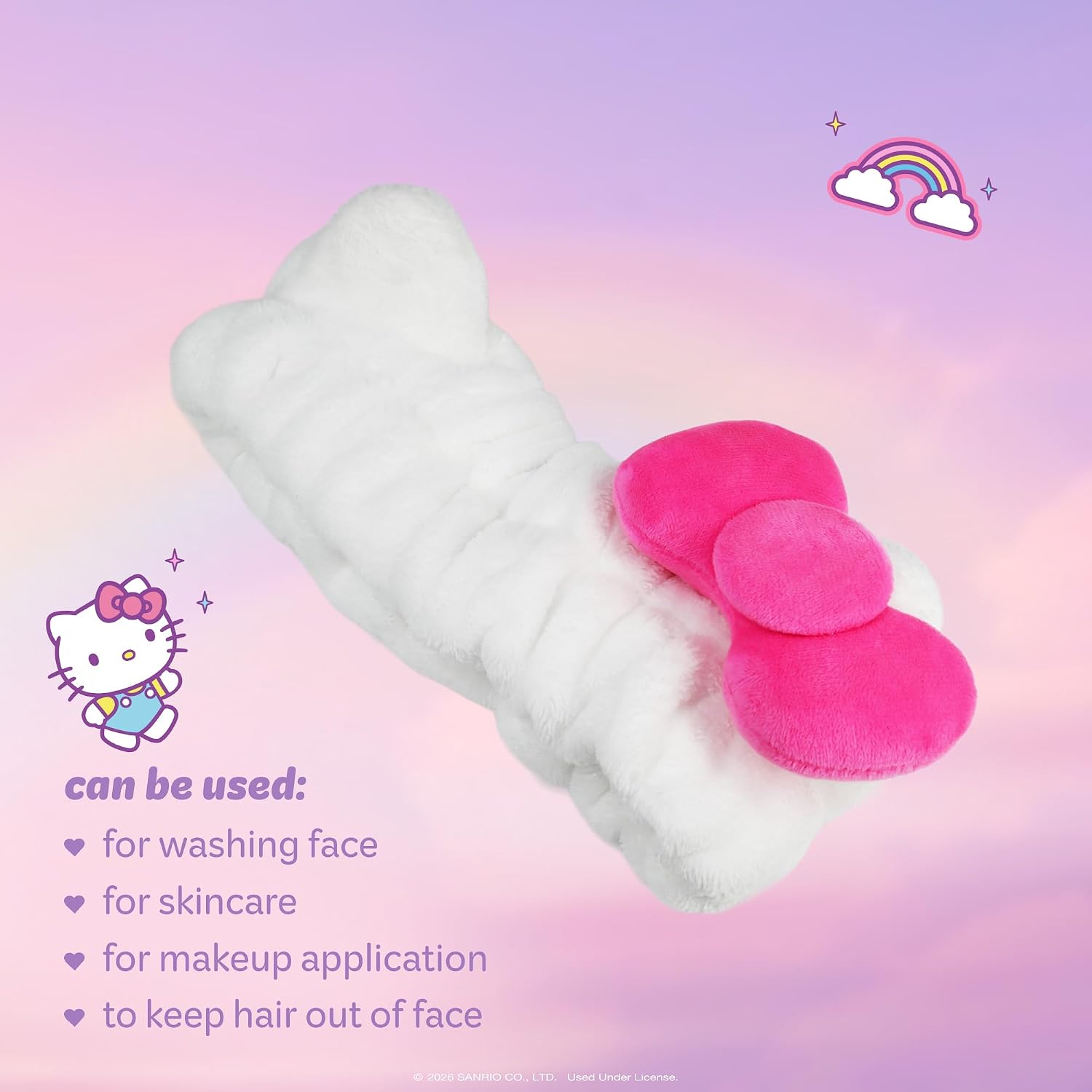The Crème Shop x Hello Kitty Plush Spa Headband for Makeup, Washing Face, and Skincare, Soft Headband for Women and Girls (Hello Kitty and Friends Hot Pink Bow)
