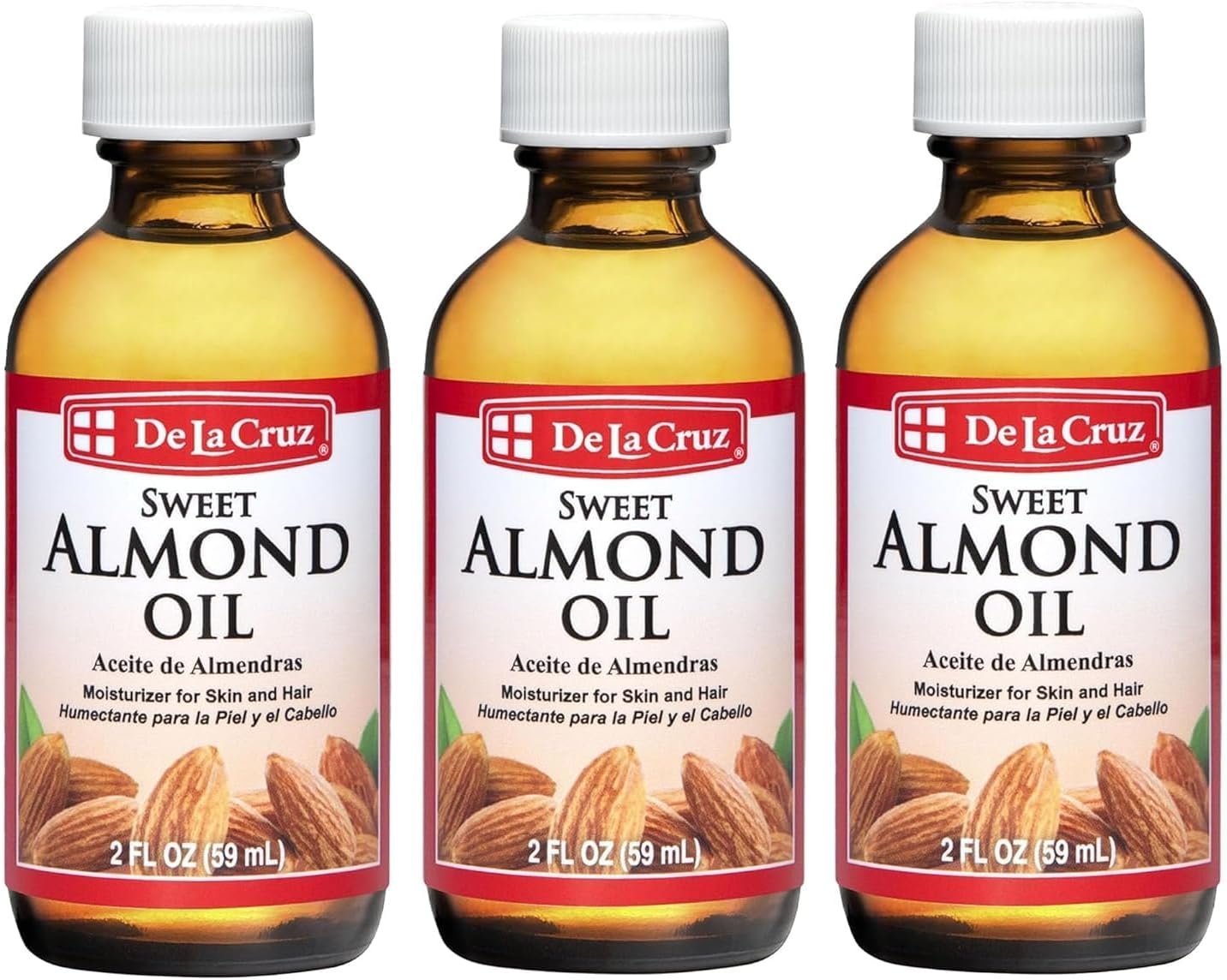 De La Cruz Sweet Almond Oil, Natural Hair and Skin Moisturizer, 3-Pack of 2 FL Oz Glass Bottles