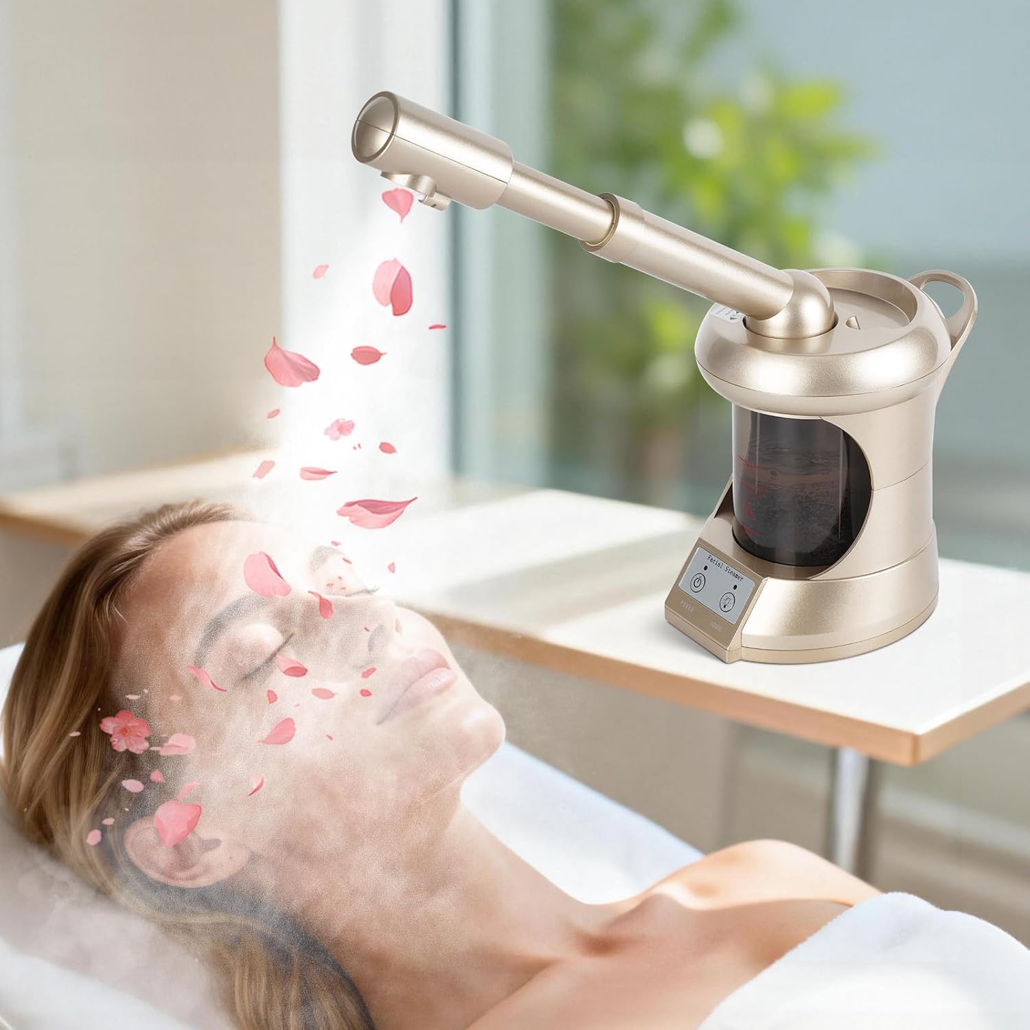 Facial Steamer Professional with More Steam for Deep Cleansing and Hydration, Face Steamer Featuring extendable arm, Steamer for Facial for Beauty, Spa and Home Use, Champagne Gold