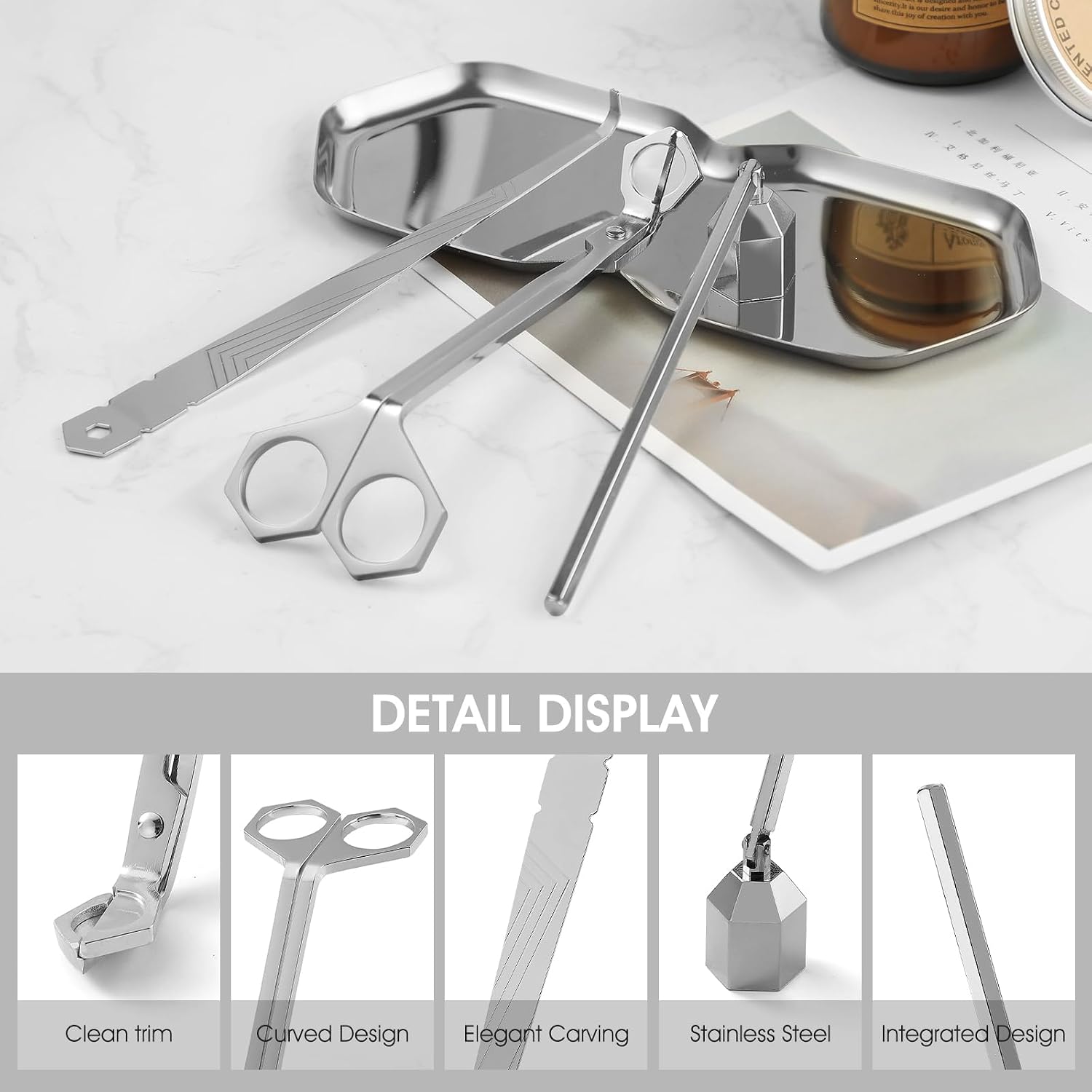 PATOISE 4 in 1 Candle Accessory Set, Wick Trimmer, Candle Snuffer, Wick Scoop, Storage Tray, Perfect for Candle Lovers (Silver)