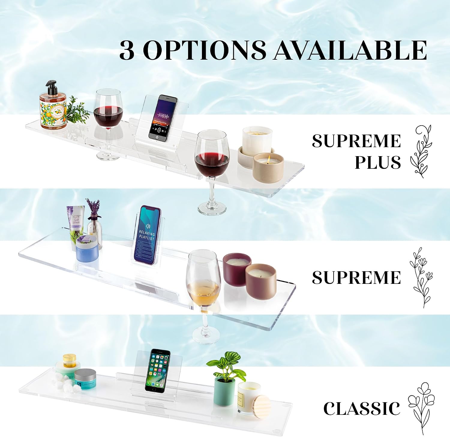 34" Supreme Plus- Luxury Bathtub Tray Caddy- 3/8" Thick, Clear Bath Tub Tray Table for 1 or 2 Bathers, Acrylic Bathtub Caddy, iPad and 2 Wine Glass Holders (Supreme Plus, 34")