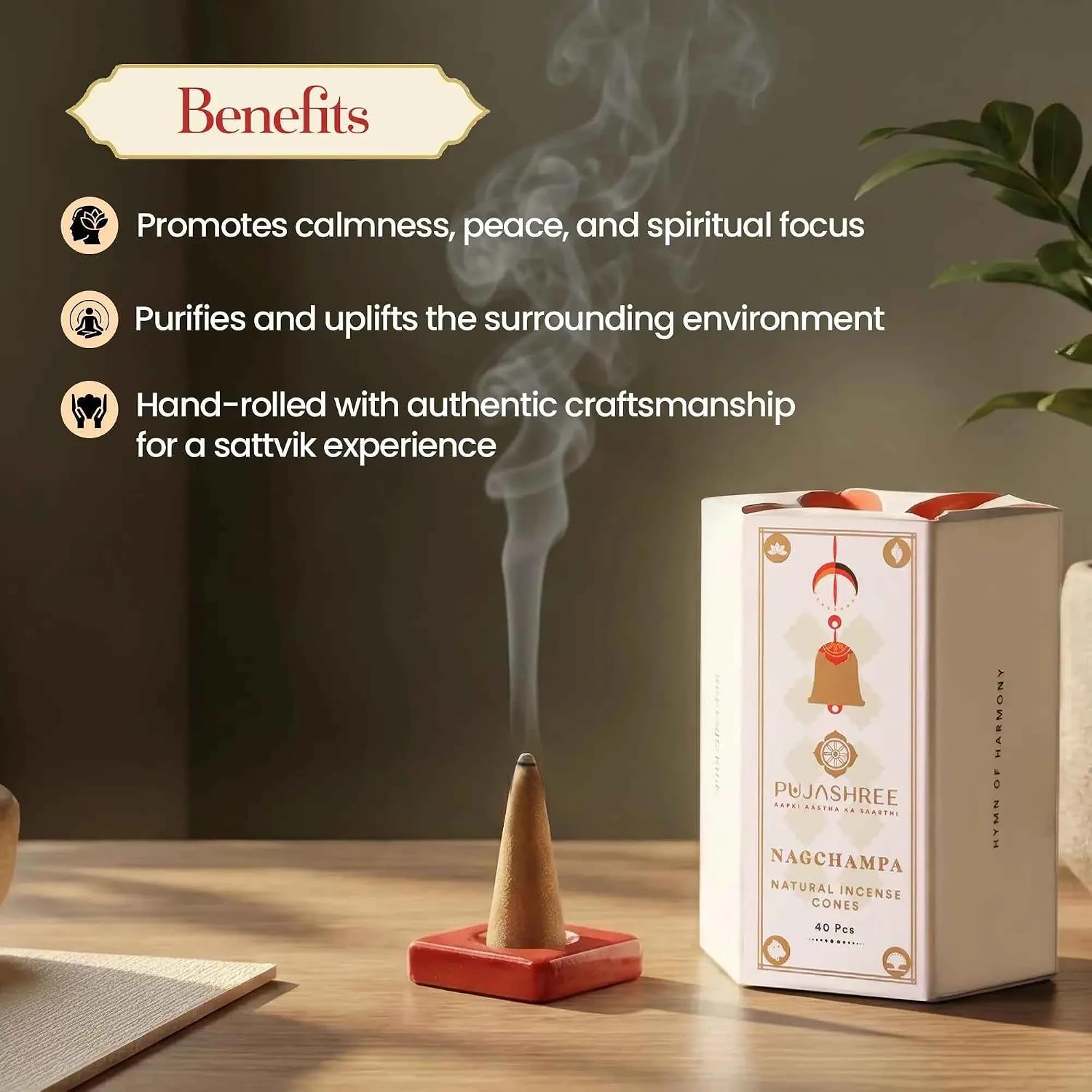 Pujashree Natural Incense Cones, Nagchampa Dhoop Sticks, Incense Dhoop for Pooja & Meditation, Eco-Friendly, Natural Aroma Sticks, 20 min Burn Time Each, Pack of 40 Pcs (2-inch Size)