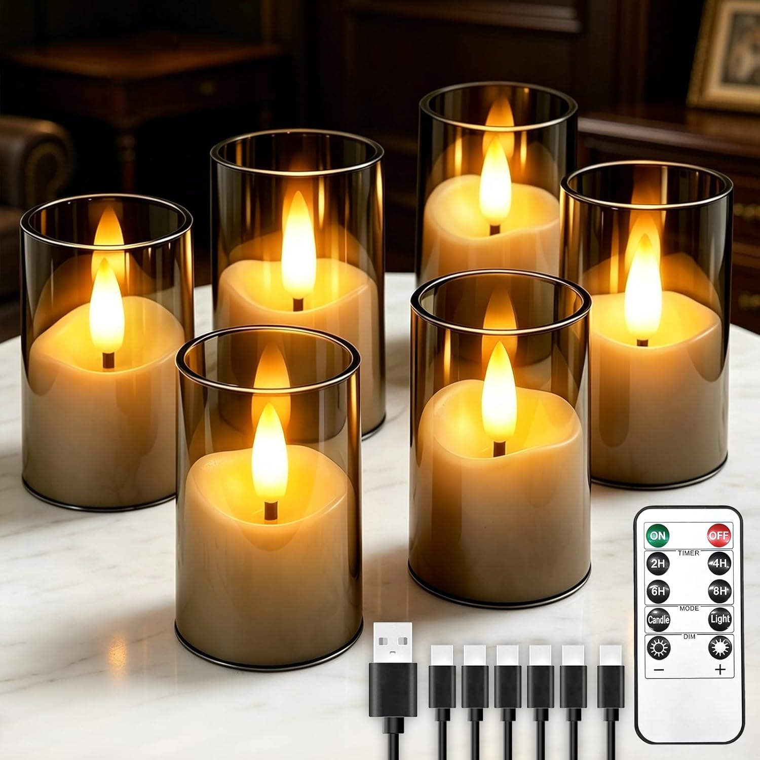 Rechargeable Flameless Candles with Timer Remote, 1.7"x2.6" Clear Acrylic LED Tea Lights Candles，Small Votive Electric LED Candles for Home Aniversary Wedding Holiday Decor Gray(6 Pack)