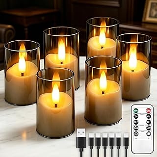 Rechargeable Flameless Candles with Timer Remote, 1.7"x2.6" Clear Acrylic LED Tea Lights Candles，Small Votive Electric LED Candles for Home Aniversary Wedding Holiday Decor Gray(6 Pack)