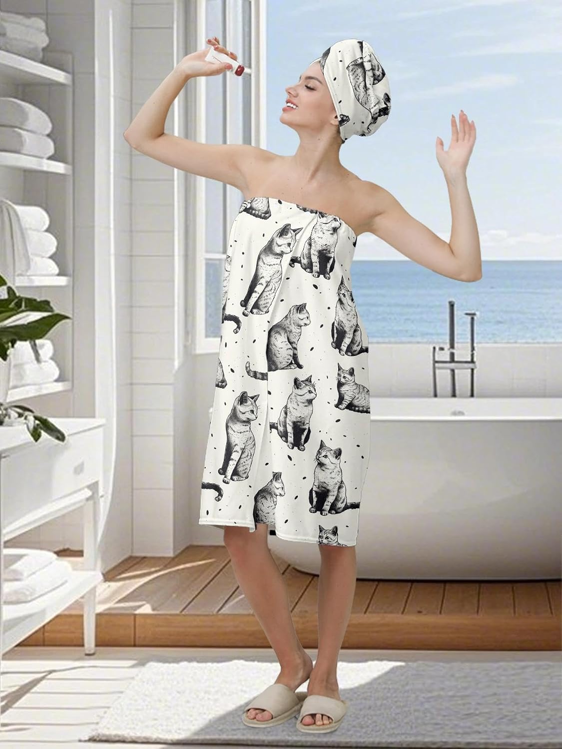 YWMAN Microfiber Bath Wrap Set with Hair Turban, Cat Pattern, 59x31 inches, Soft Spa Towel