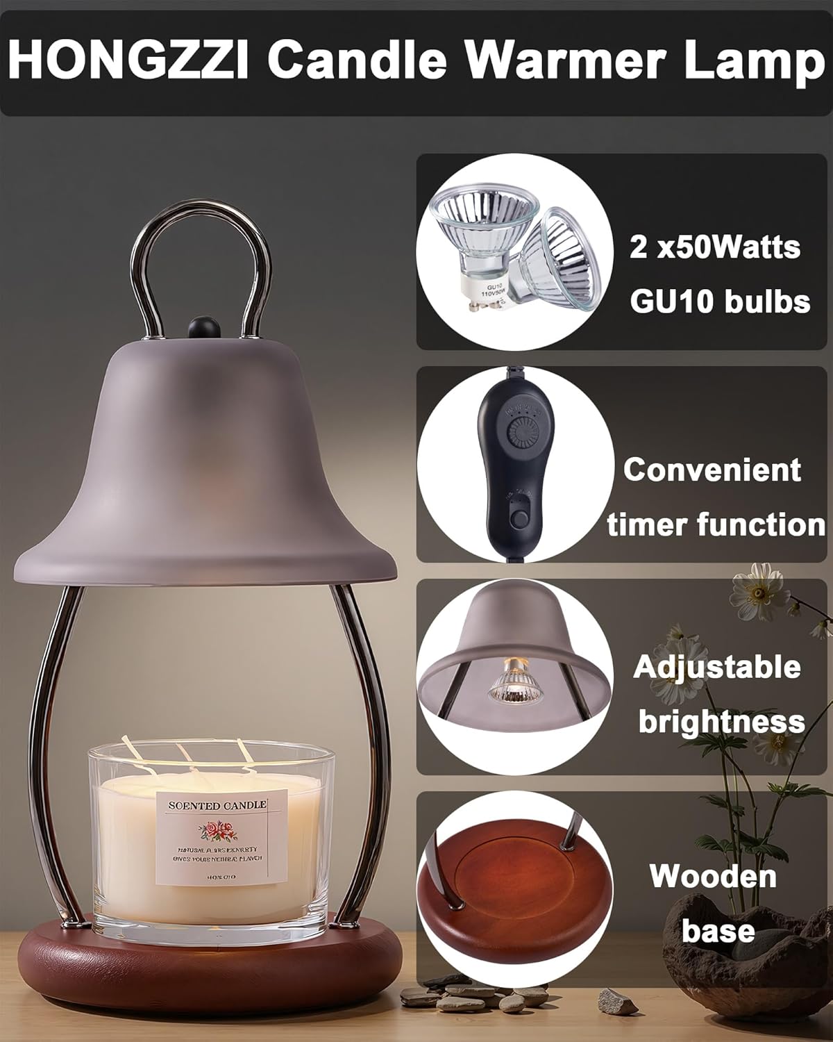 Candle Warmer Lamp with Timer - Adjustable Brightness & Glass Shade - Wooden Base with 2 Bulbs Included (Black)