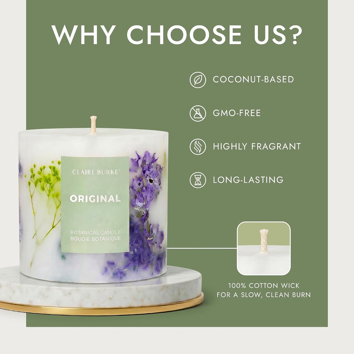 Claire Burke Original Botanical Candle – Luxury Scented Candle with Dried Botanicals | Rose, Lavender & Patchouli | Coconut Soy Wax, 65-Hr Burn, Decorative Candles for Home Decor | 18 oz