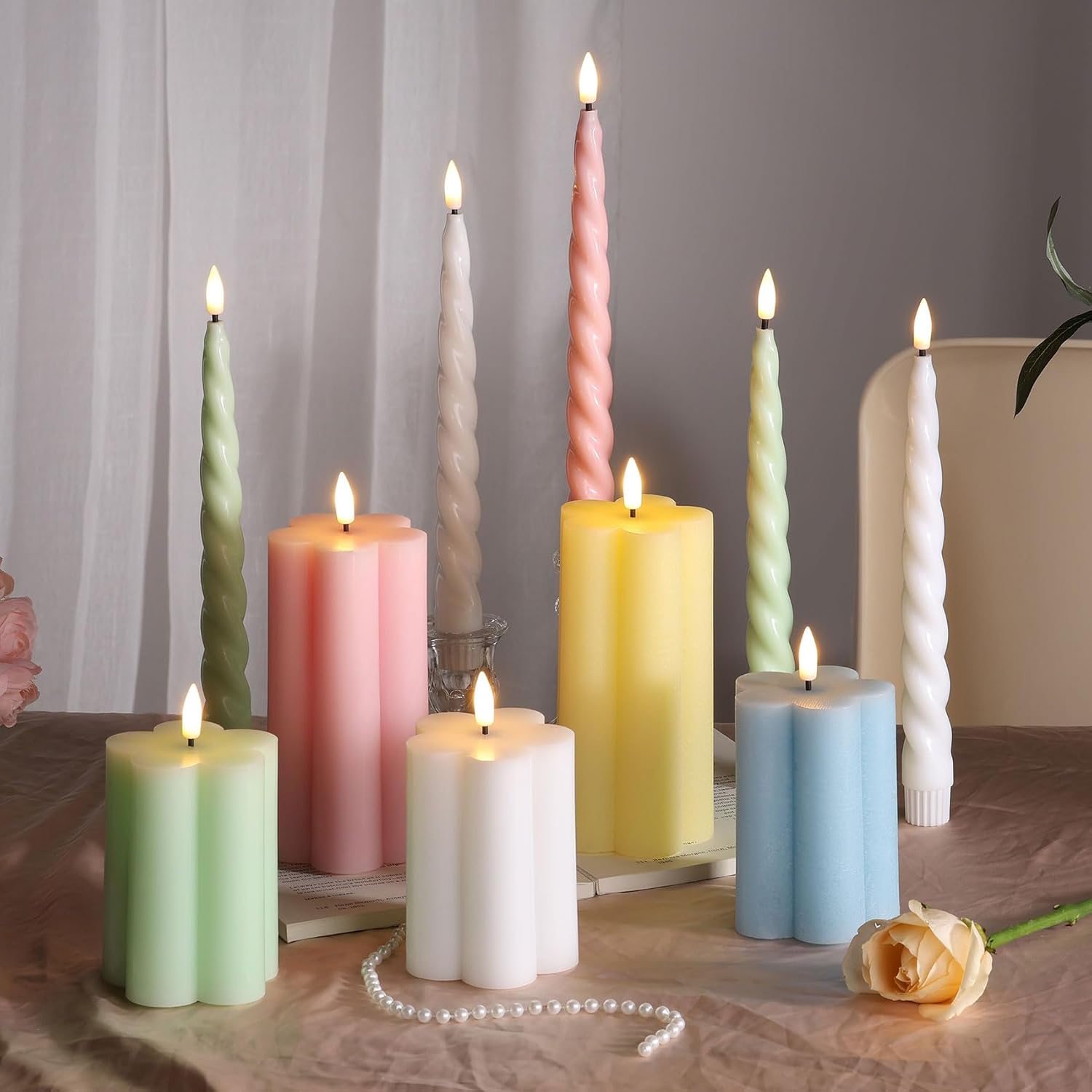 White Flameless Pillar Candles with Remote, Flickering LED Wax Candles Battery Operated Aesthetic Home Decor Set of 2