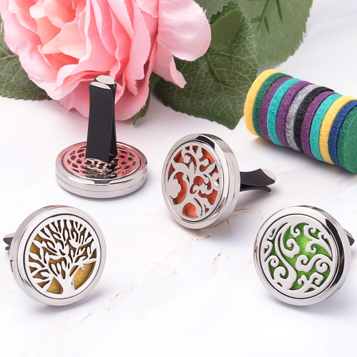Car Diffuser Vent Clip 4 Pack, Car Aromatherapy Essential Oil Diffuser Vent Clips 30mm, Stainless Steel Locket 44 Felt Pads
