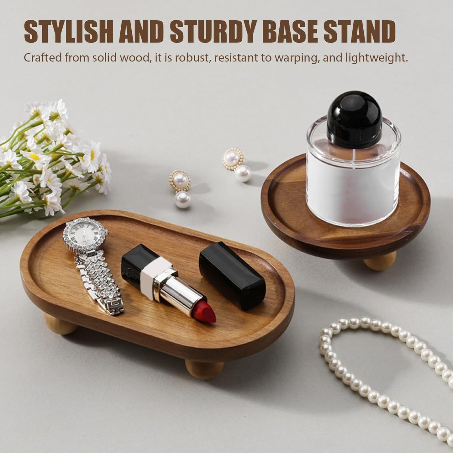 Rustic Wood Tray Decorative Candle Plate with Legs for Vanity Kitchen Bathroom Entryway Display Small Holder for Soap Perfume Keys Home Decor Countertop Accessory, Round