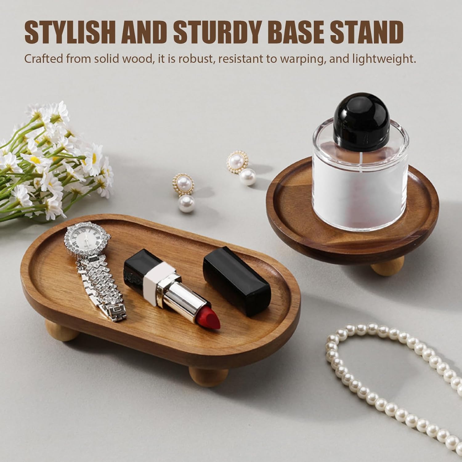 Rustic Wood Tray Decorative Candle Plate with Legs for Vanity Kitchen Bathroom Entryway Display Small Holder for Soap Perfume Keys Home Decor Countertop Accessory, Round