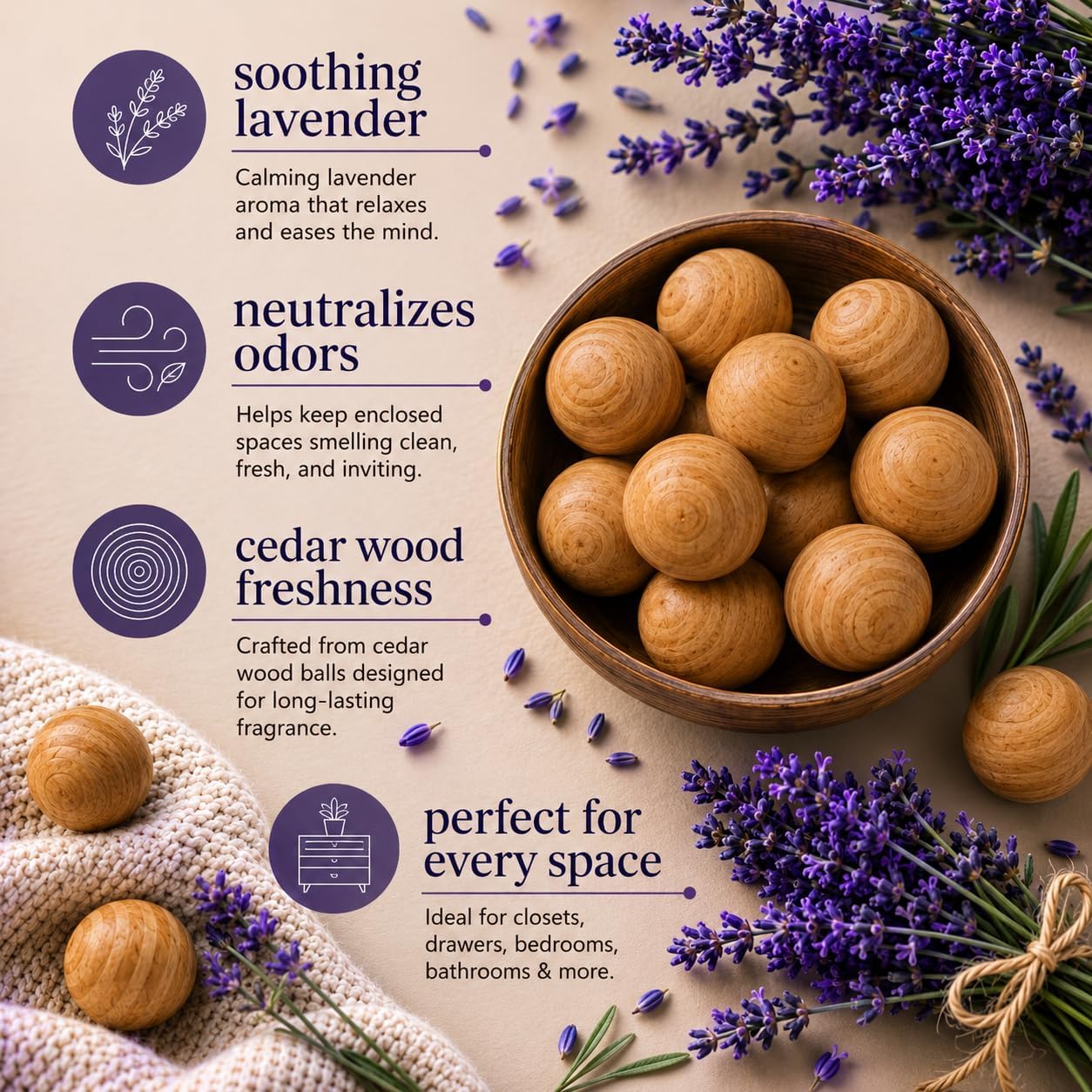 Lavender Cedar Balls - 35pcs, Long-Lasting Home Fragrance for Bedrooms, Bathrooms, Closets, Air Freshener, Odor Eliminator