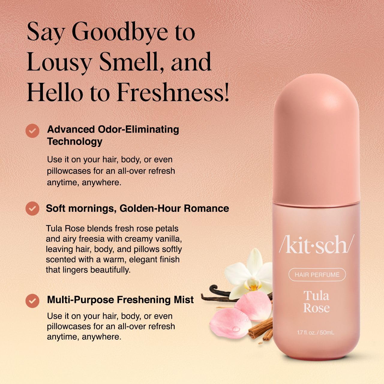 Kitsch Hair Perfume for Women Bundle – Tula Rose & Warm Sugar Hair Mist + Detangler Brush | Odor-Eliminating Hair Perfume, Vanilla Body Spray & Body Mist Set with Hair Brush for Women