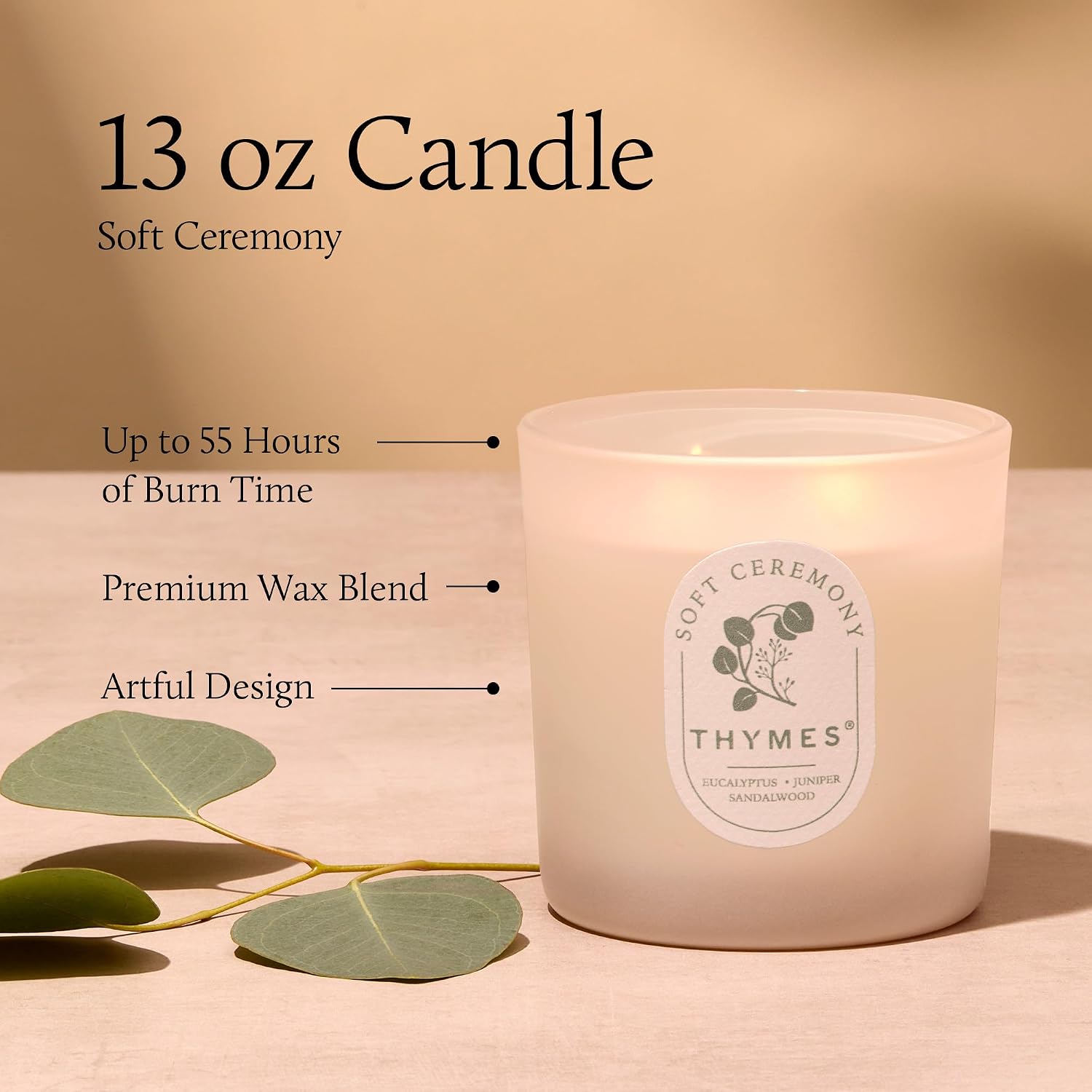 Thymes Scented Candles for Home Decor - Luxury Home Fragrance Gifts for Women & Men – Soft Ceremony (2 Wick Medium Candle, 13 oz)