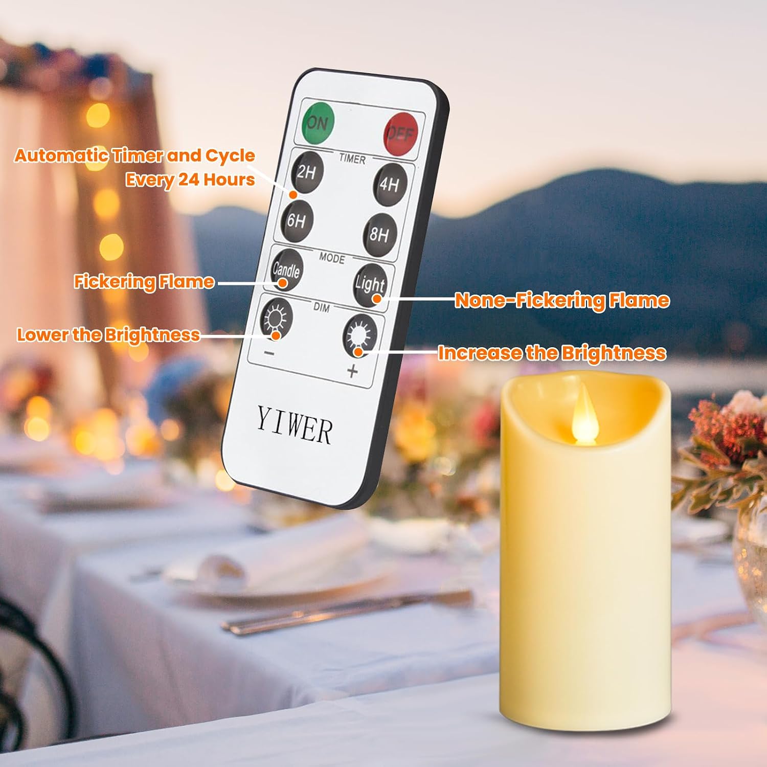 YIWER Flameless Plastic LED Candles,Pack of 2 Battery Operated Flickering Candle with Remote Control and Timer Electric Fake Light D3 H6 Ivory Pillar