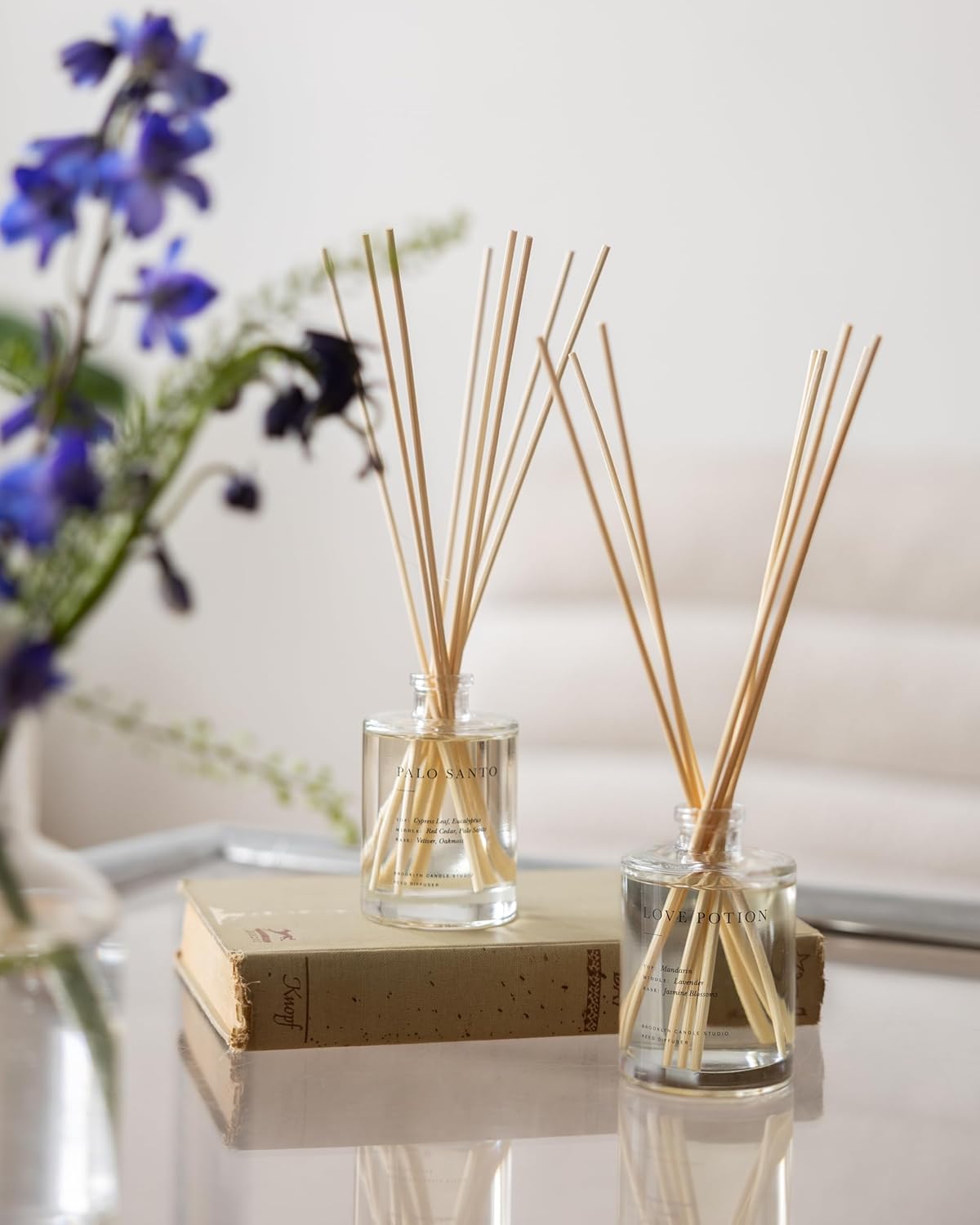 Brooklyn Candle Studio Reed Scent Diffuser - Palo Santo - Relaxing Oil Diffuser, Cedar, Eucalyptus & Sandalwood Fragrance, 8 Rattan Diffuser Reeds, Clean Ingredients - 3.7oz