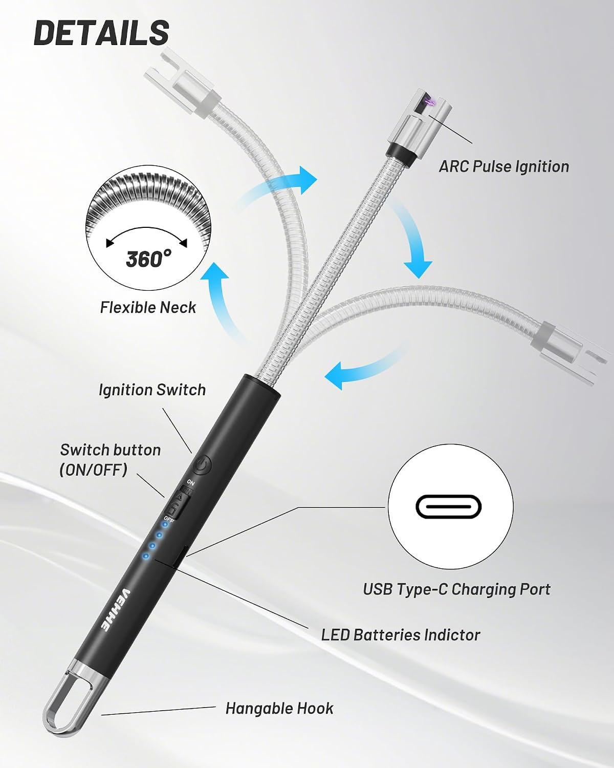 VEHHE Candle Lighter, Electric Rechargeable Arc Lighter with LED Battery Display Long Flexible Neck USB Lighters for Light Candles Gas Stoves Camping Barbecue