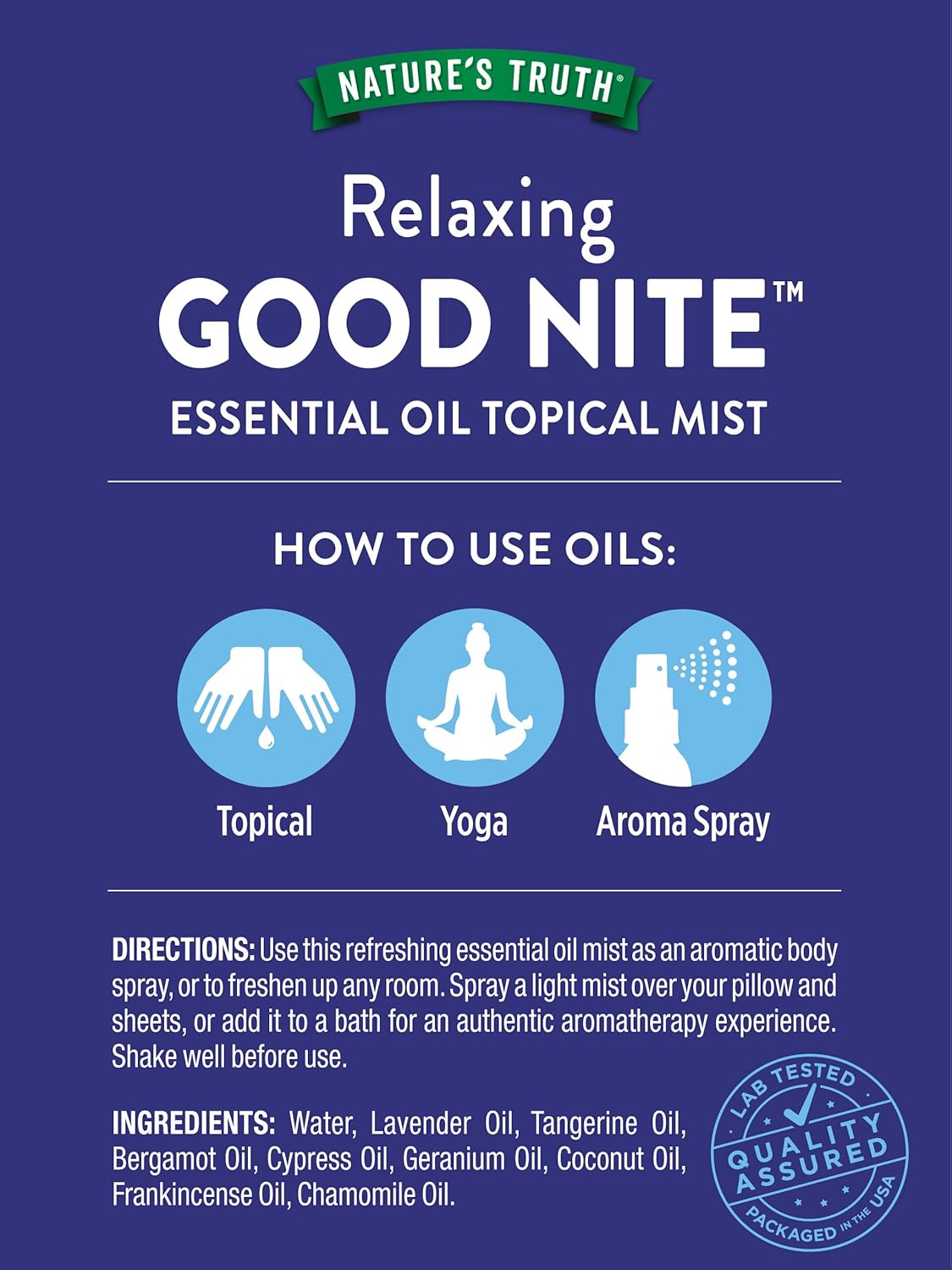 Nature's Truth Good Nite Essential Oil Mist | 2.4 fl oz | Calming Blend | for Topical Use, Yoga, & Aroma Spray