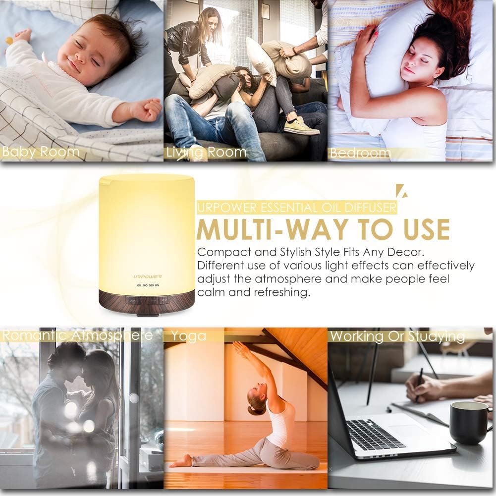 URPOWER 2nd Gen 300ml Aroma Essential Oil Diffuser Night Light Ultrasonic Air Cool Mist Humidifier with AUTO Shut Off and 6-7 Hours Continuous Diffusing and 4 Timer Settings for Home Office Yoga Spa