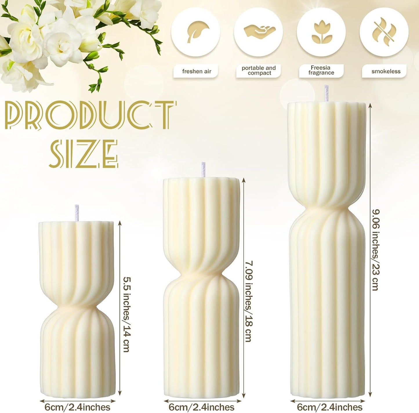 Conelist Ribbed Pillar Candles Set of 3 Width 2.4" High 5.5" 7" 9" Handmade Scented Soy Wax Candle Natural Aesthetic Candles Housewarming Gift Decorative Candles for Home Decor(White)