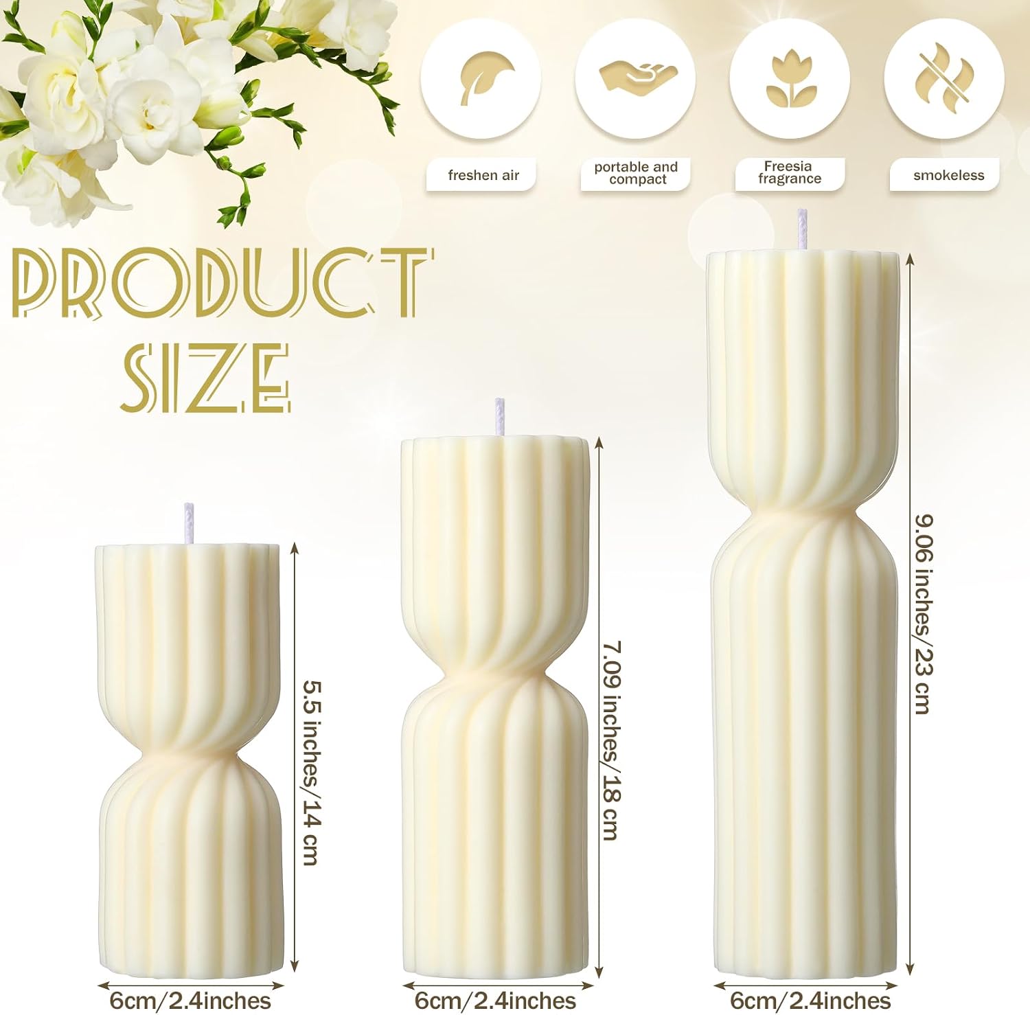 Conelist Ribbed Pillar Candles Set of 3 Width 2.4" High 5.5" 7" 9" Handmade Scented Soy Wax Candle Natural Aesthetic Candles Housewarming Gift Decorative Candles for Home Decor(White)