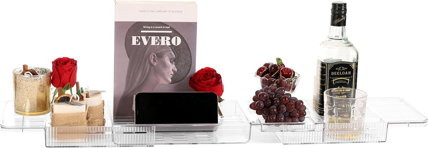 IEEK Expandable Bath Tray with Wine and Book Holder - Clear Acrylic Bathtub Caddy Shelf - Plastic Board Gift for Women